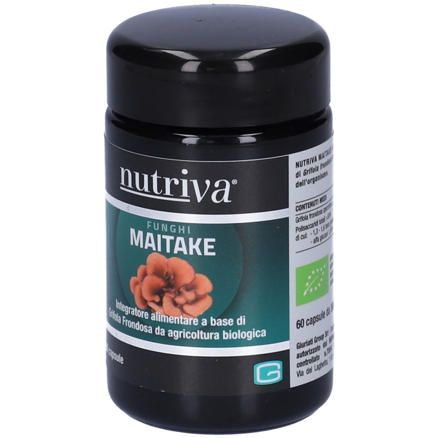 Barattolo nero con logo "Nutriva" e scritta "Maitake". Contiene 60 capsule. Etichette verdi e arancioni.