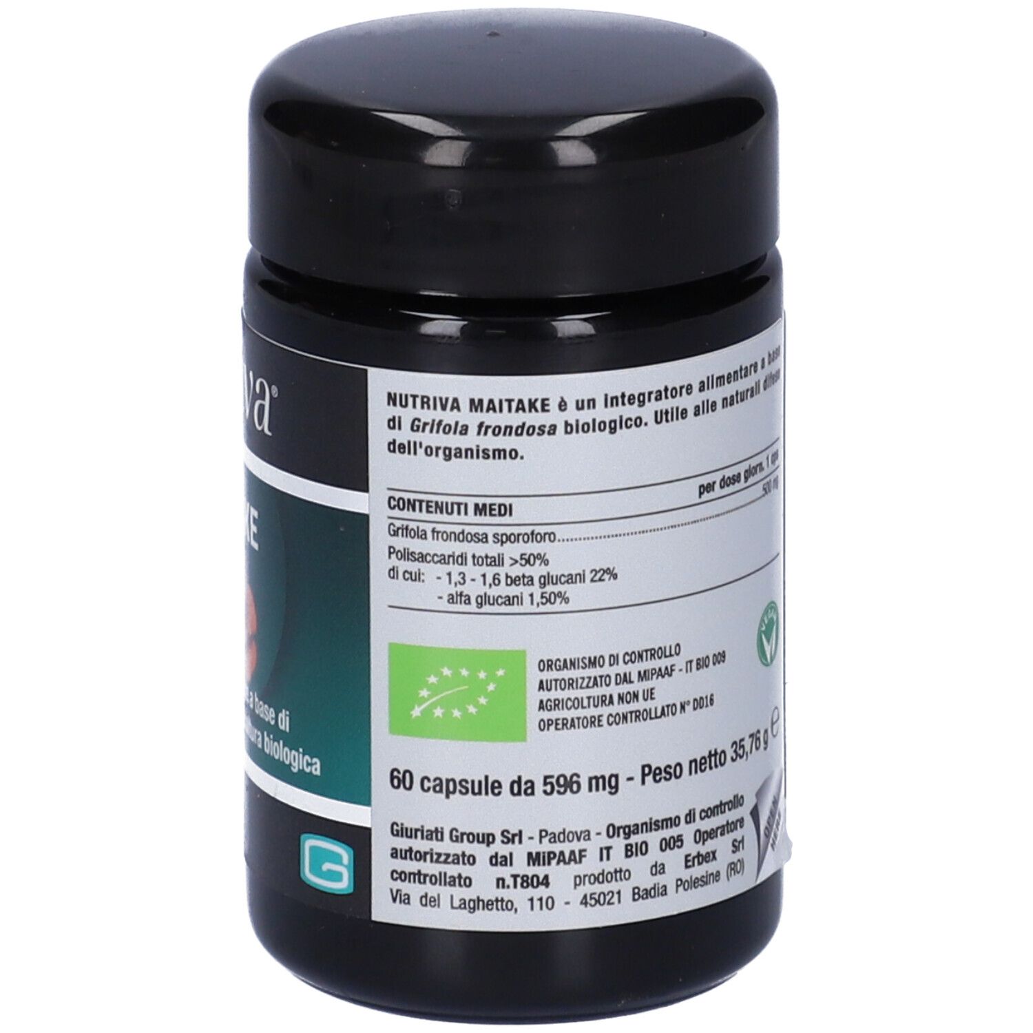 Barattolo nero con etichetta. Testo: "Nutriva Maitake", 60 capsule. Retro con informazioni e certificazioni.