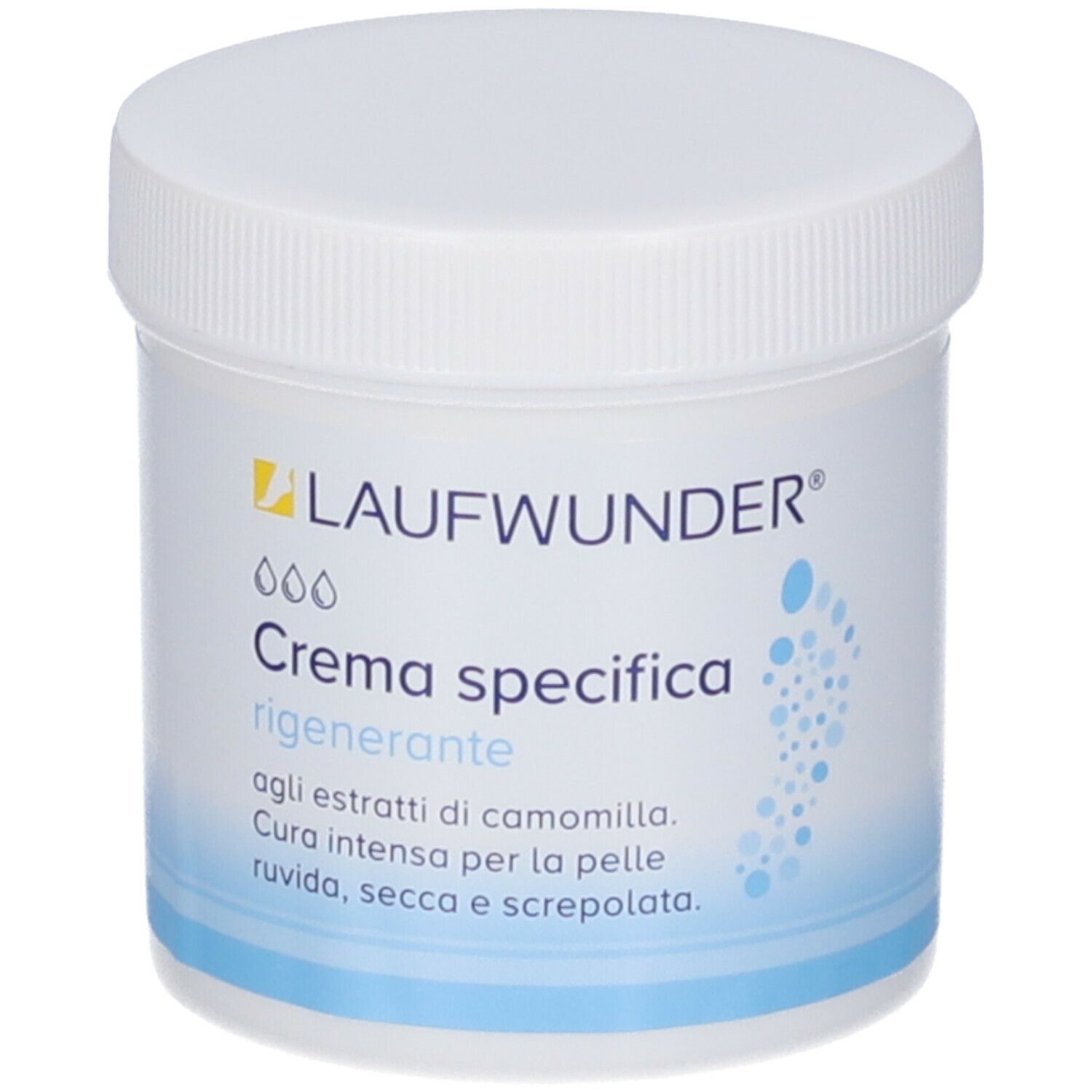 Vaso bianco con tappo a vite. Scritta: LAUFWUNDER, Crema specifica rigenerante. Illustrazione di impronte di piedi blu.