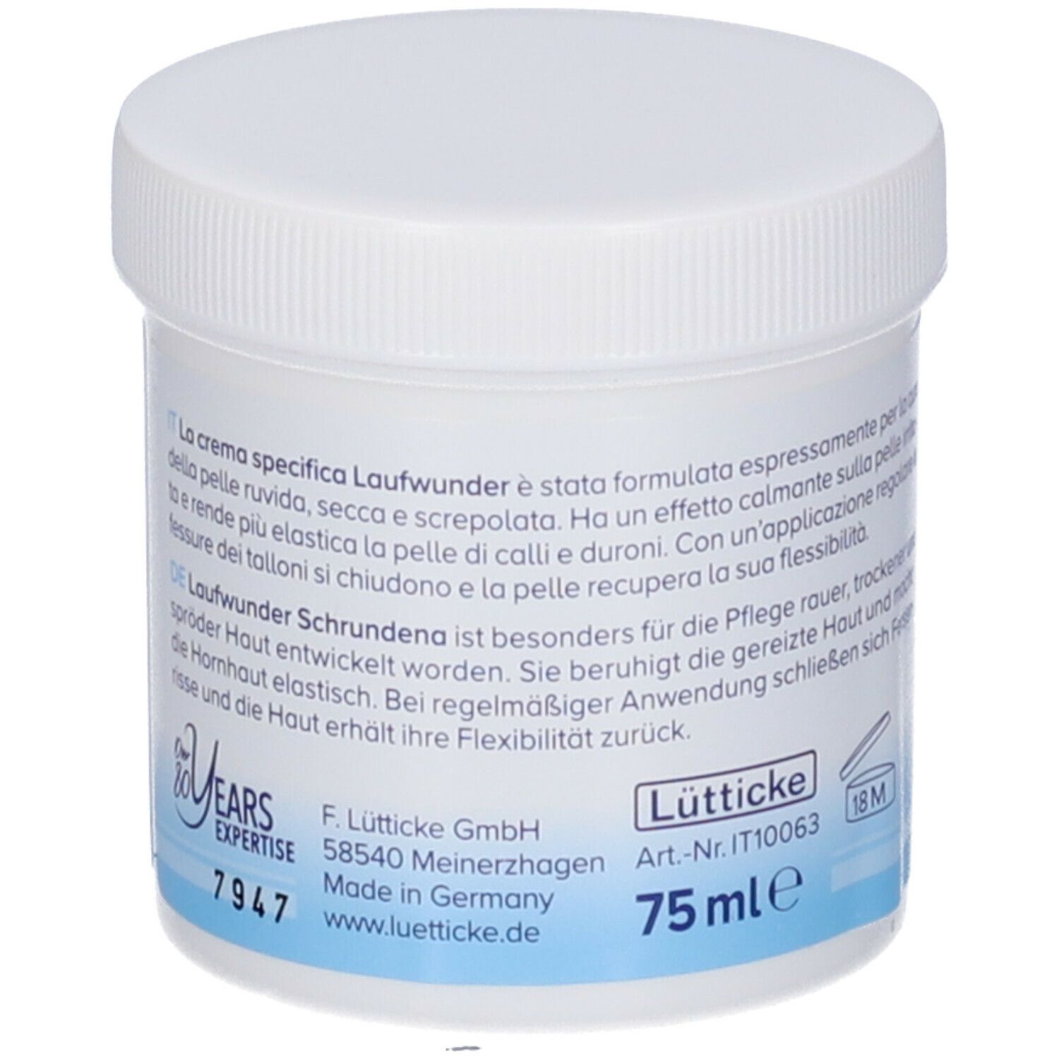 Vaso bianco con tappo a vite. Scritta: LAUFWUNDER, Crema specifica rigenerante. Testo in italiano e tedesco.