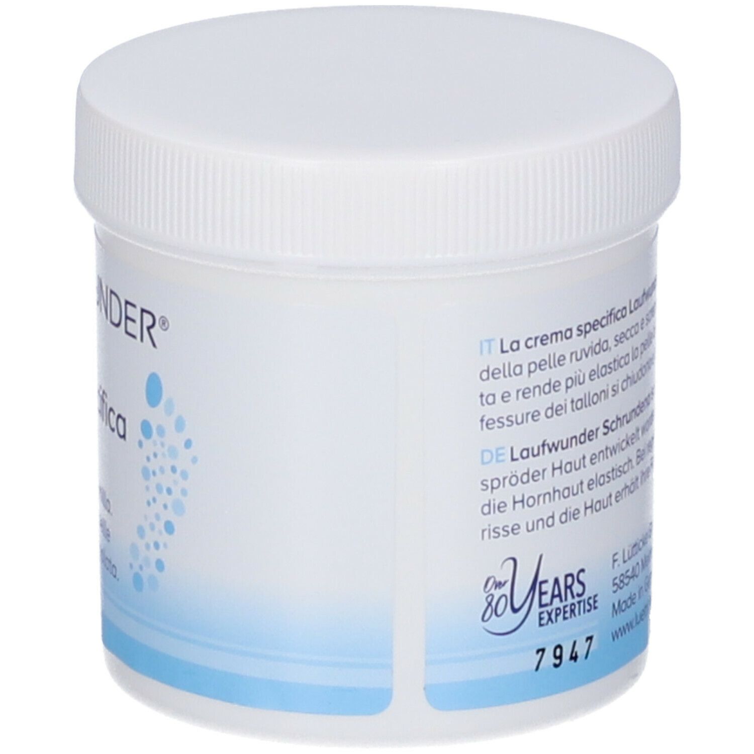 Vaso bianco con tappo a vite. Scritta: LAUFWUNDER, Crema specifica rigenerante. Testo in italiano e tedesco.