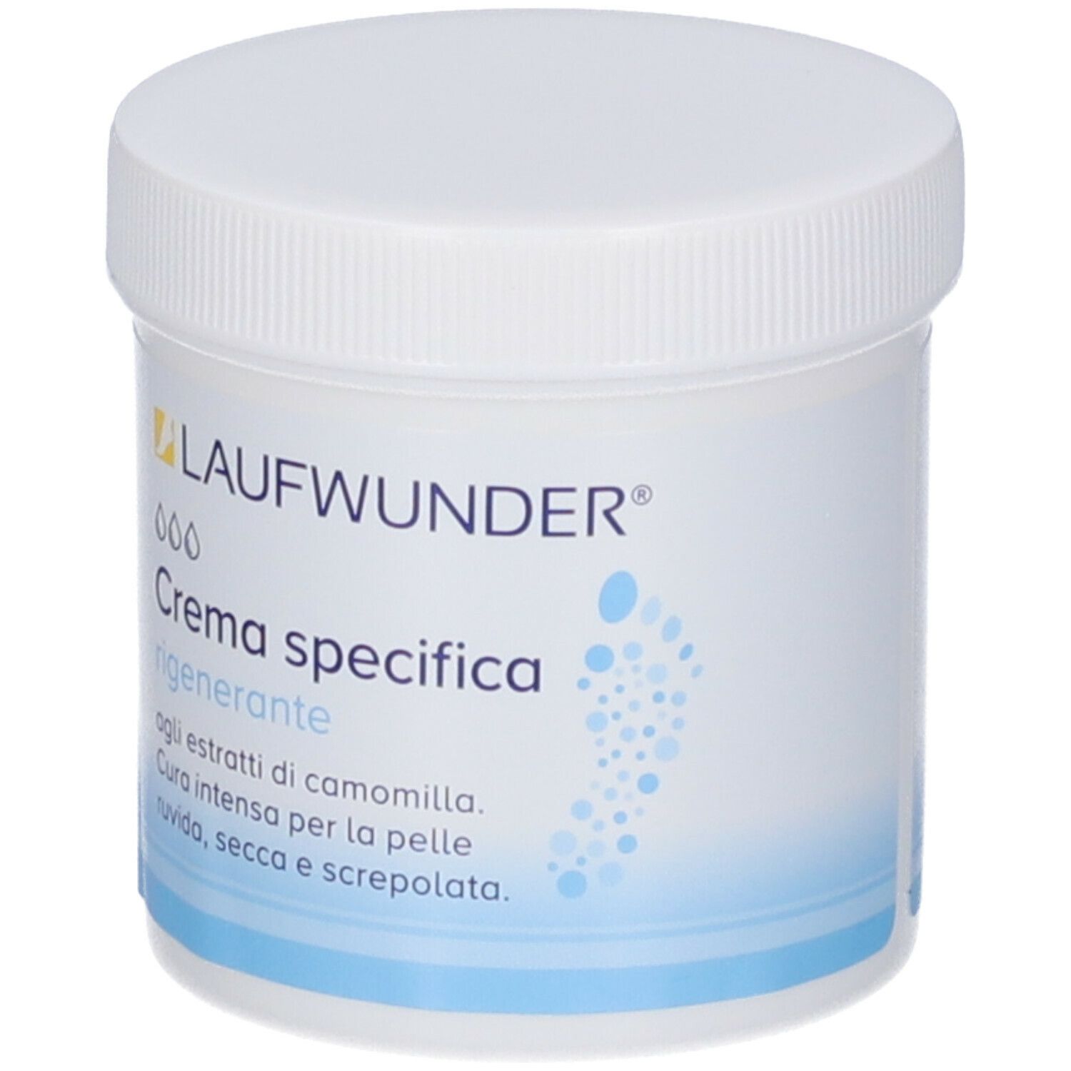 Vaso bianco con tappo a vite. Scritta: LAUFWUNDER, Crema specifica rigenerante. Illustrazione di impronte di piedi blu.