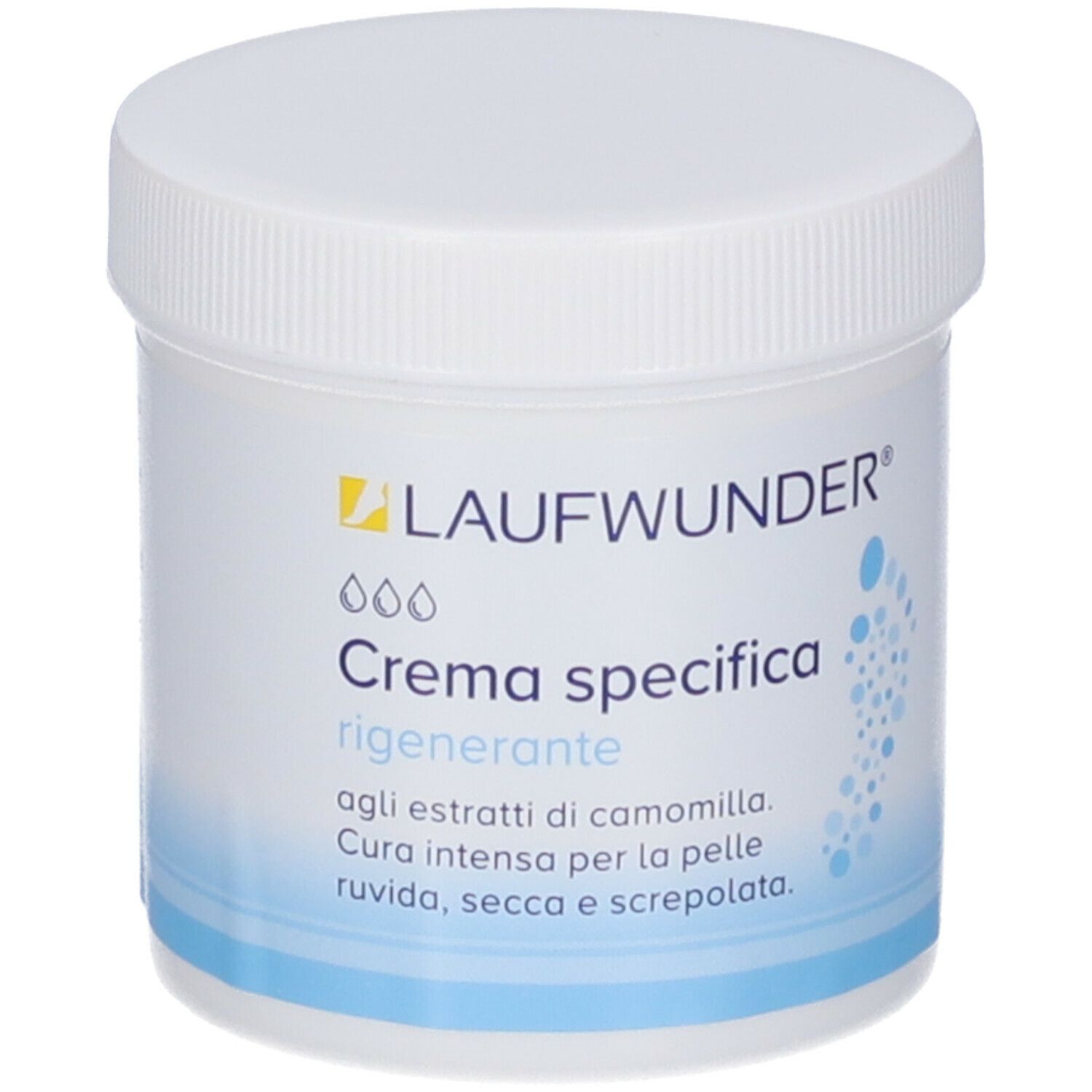 Vaso bianco con tappo a vite. Scritta: LAUFWUNDER, Crema specifica rigenerante. Illustrazione di impronte di piedi blu.
