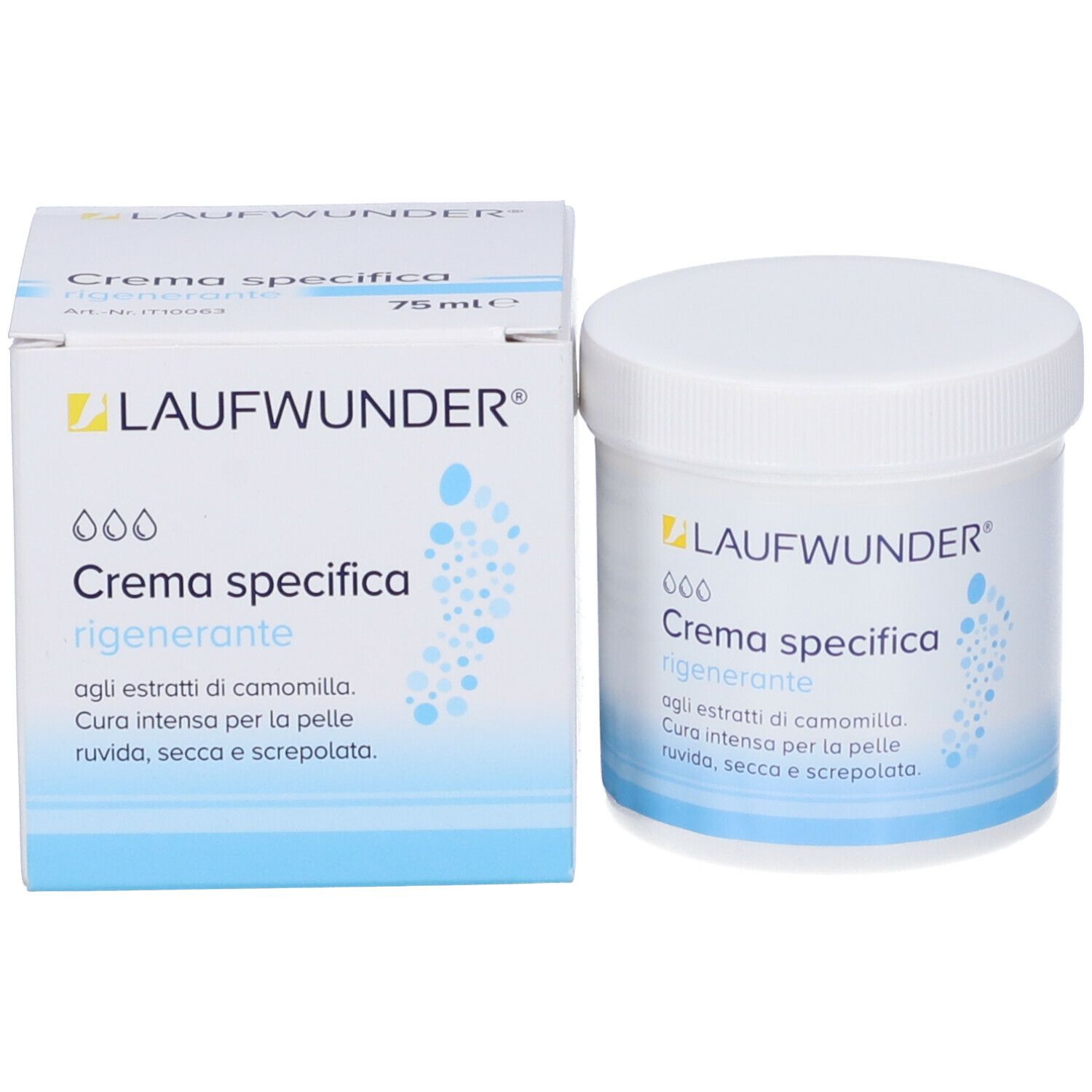 Confezione del prodotto: vaso e scatola. Scritta: LAUFWUNDER, Crema specifica rigenerante. Illustrazione di impronte di piedi blu.