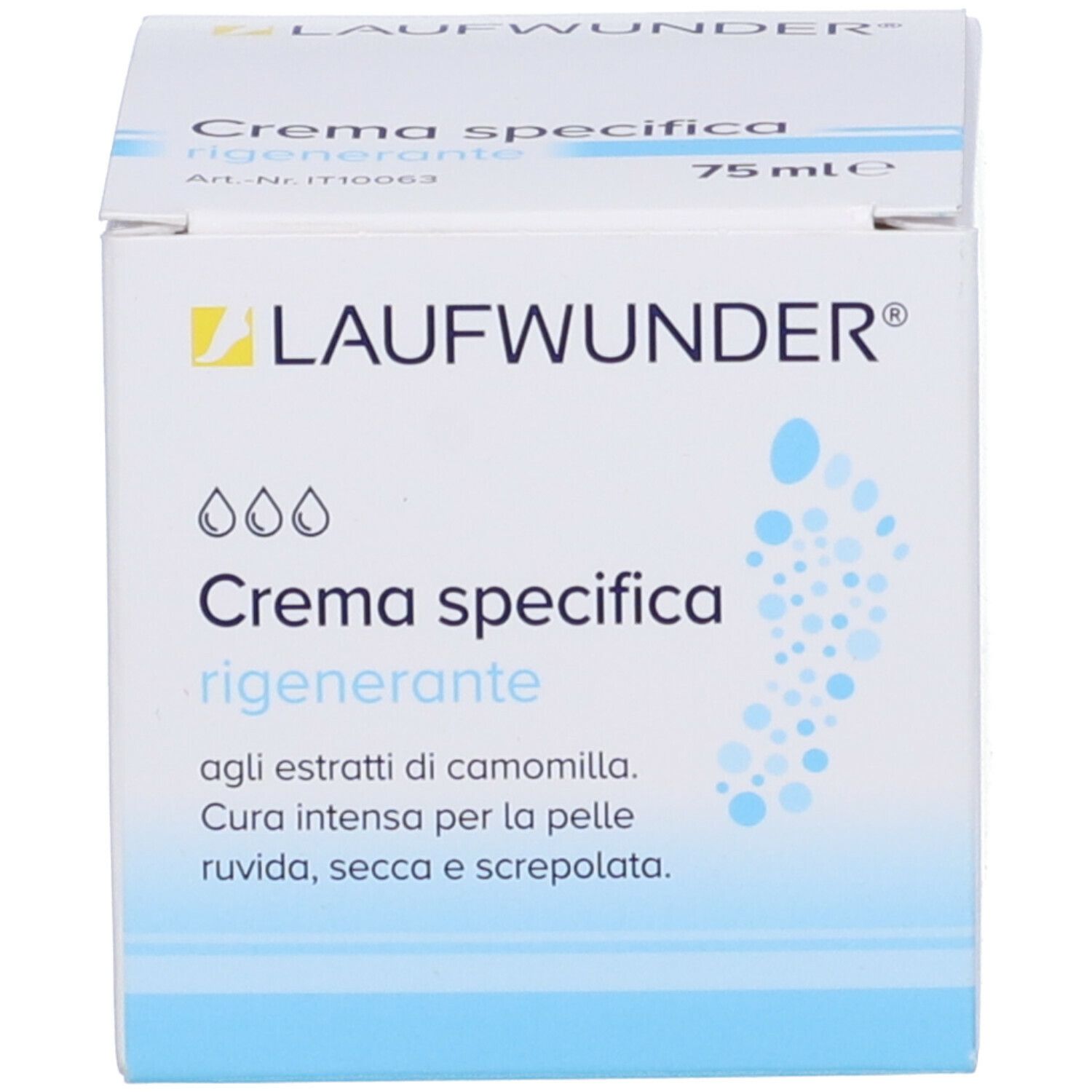 Confezione del prodotto: scatola. Scritta: LAUFWUNDER, Crema specifica rigenerante. Illustrazione di impronte di piedi blu.