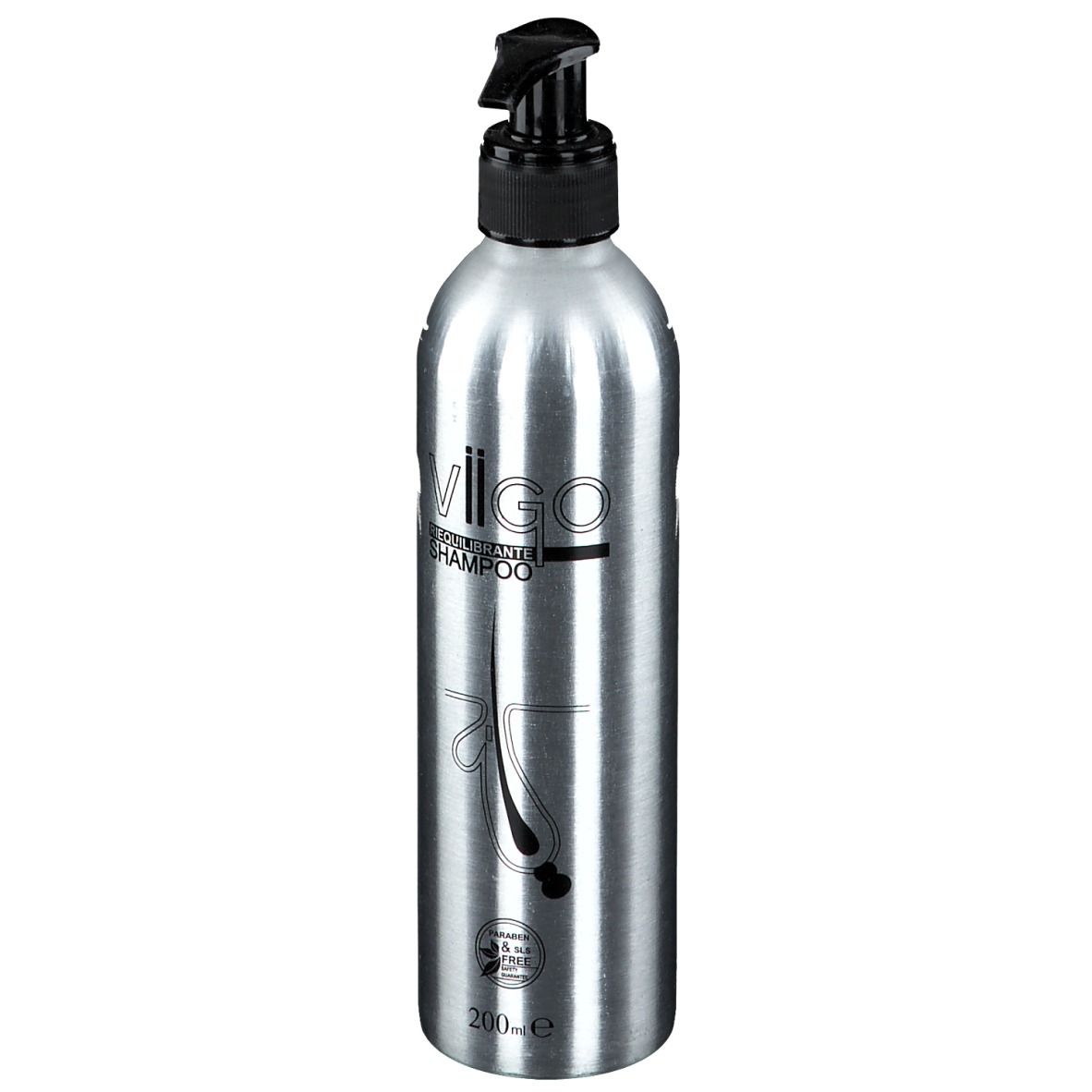 Flacone argento con dosatore nero. Scritta: Viigo Rebalancing Shampoo. Illustrazione di radici dei capelli.