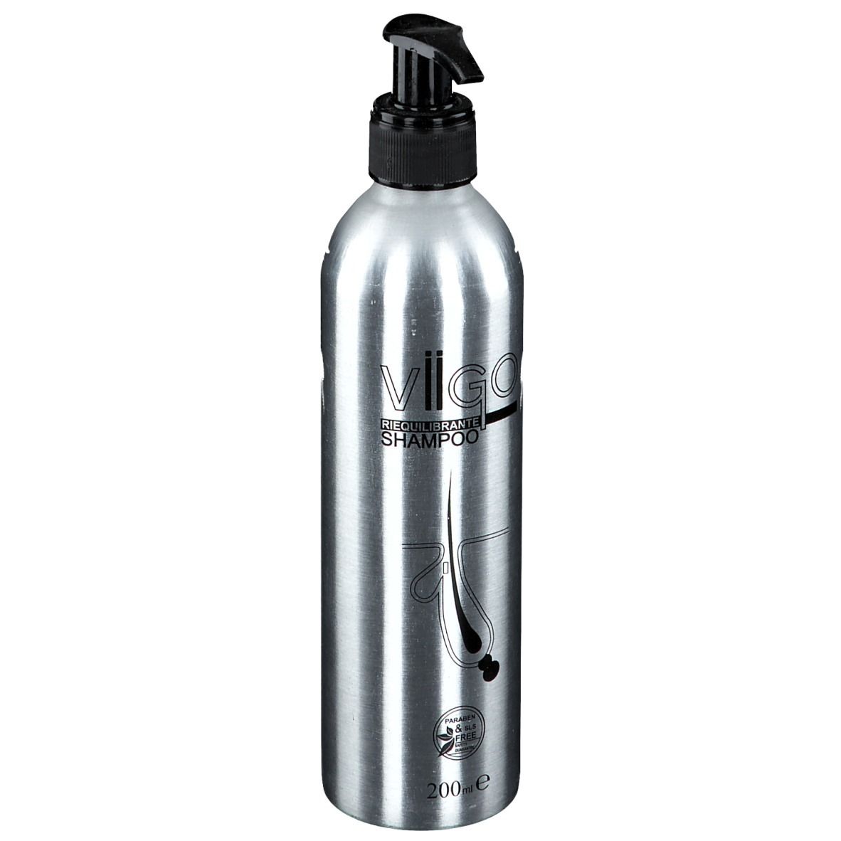 Flacone argento con dosatore nero. Scritta: Viigo Rebalancing Shampoo. Illustrazione di radici dei capelli.