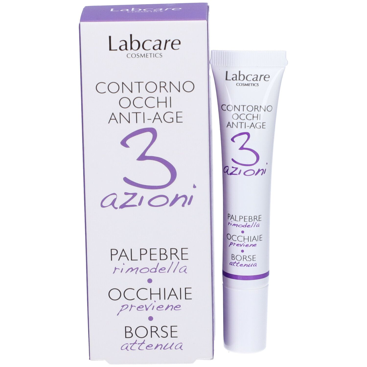 Confezione del prodotto. Tubo e scatola. Marchio Labcare. Visibili: "Contorno Occhi Anti-age" e "3 azioni".