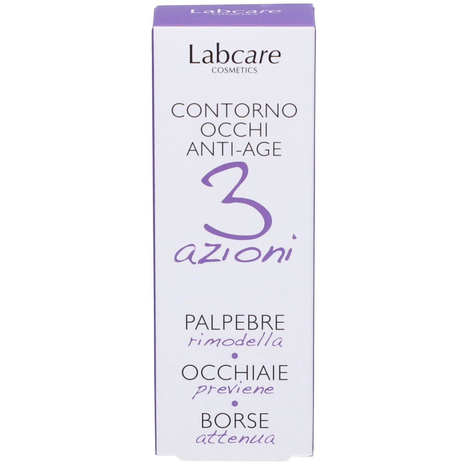 Confezione del prodotto. Scatola con testo. Marchio Labcare. Visibili: "Contorno Occhi Anti-age" e "3 azioni".