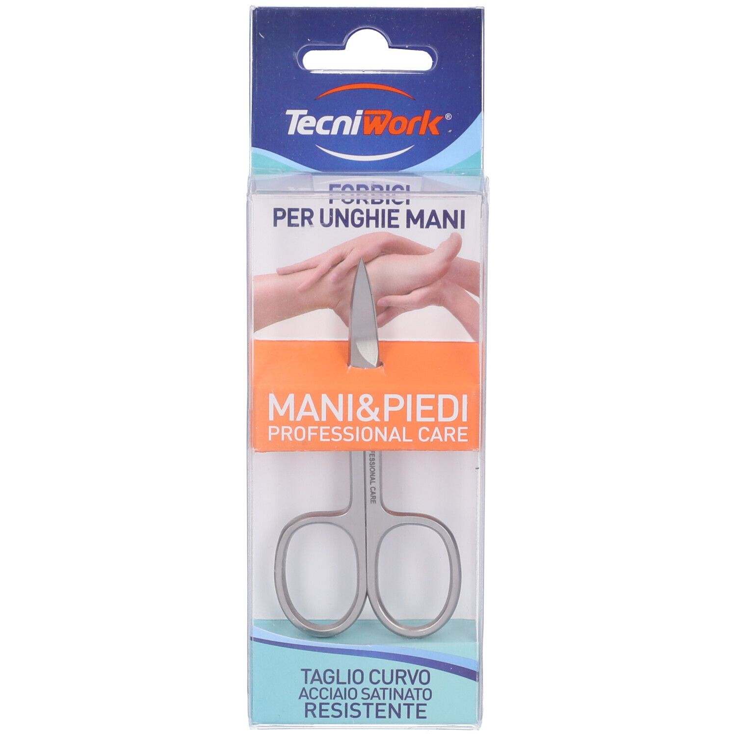 Forbici unghie mani taglio curvo, confezionate. Marchio TecniWork. Per Mani & Piedi Professional Care.
