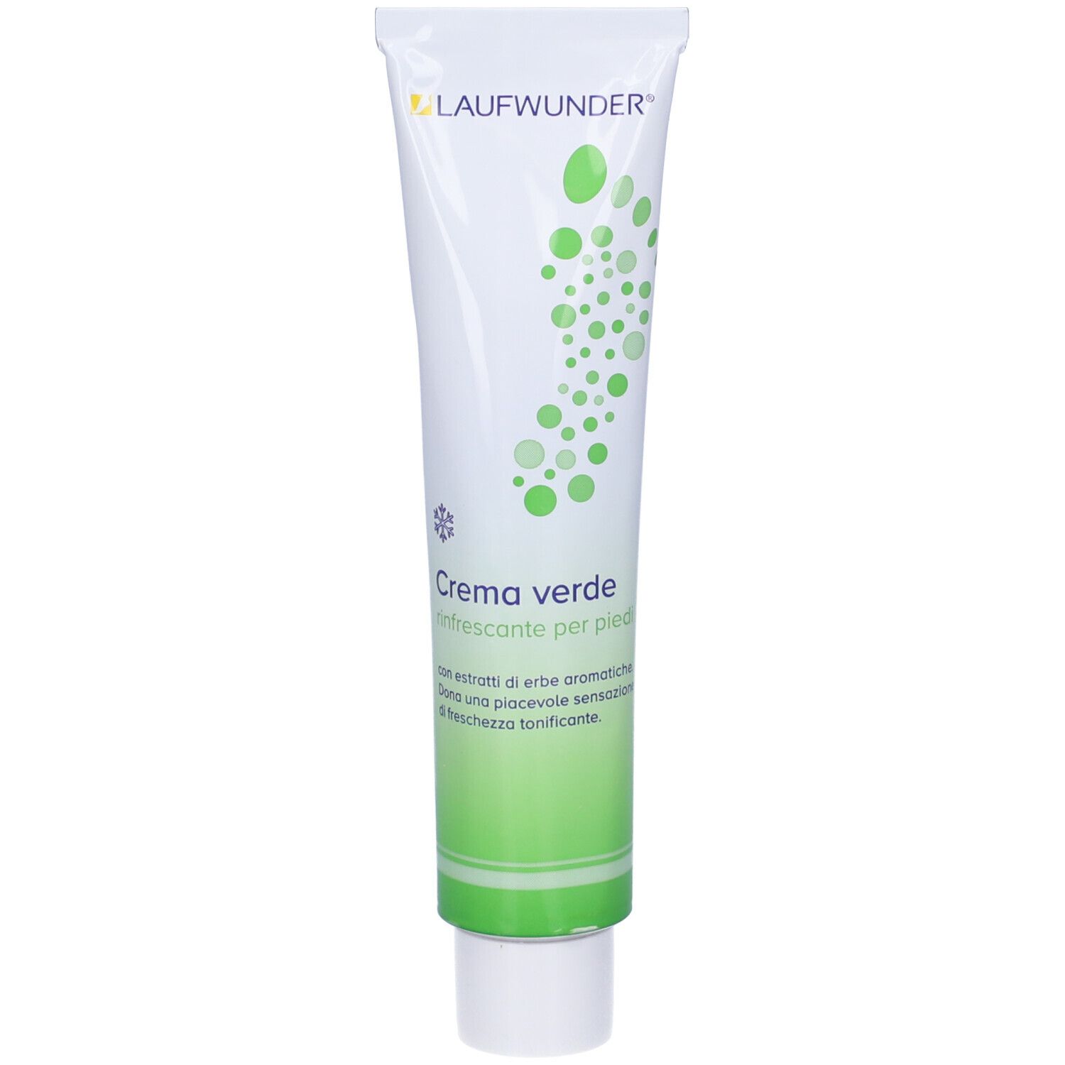 Tubo bianco e verde con stampa verde. "Laufwunder" in alto. Sotto, "Crema verde rinfrescante per piedi".