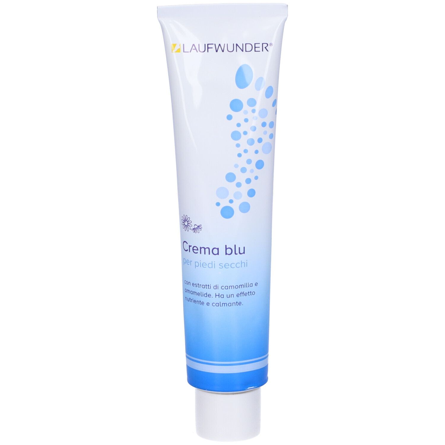 Blaue Tube mit weißem Deckel. Aufschrift: Laufwunder, Crema blu per piedi secchi. Blaue Punkte als Design.