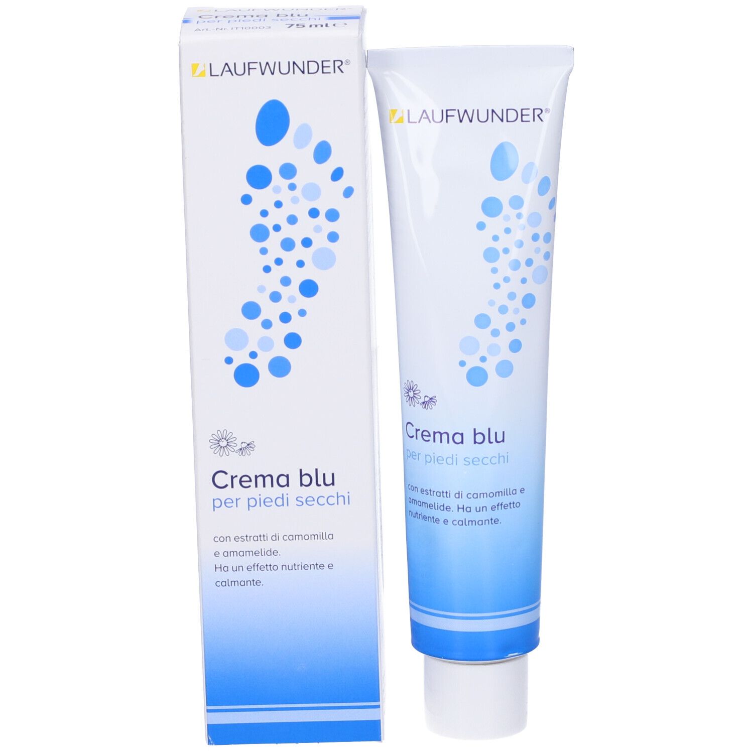 Produktverpackung: Tube und Schachtel. Aufschrift: Laufwunder, Crema blu per piedi secchi. Blaue Punkte als Design.