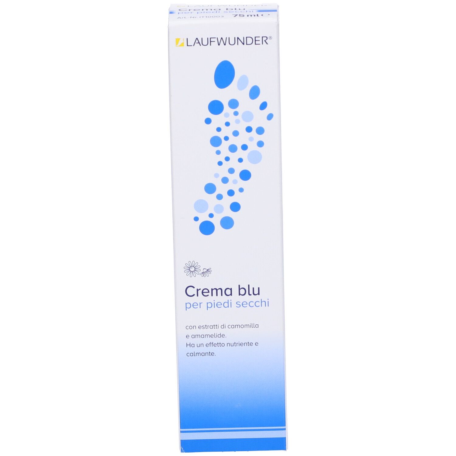 Schachtel mit Aufschrift: Laufwunder, Crema blu per piedi secchi. Blaue Punkte als Design. Herstellerlogo.