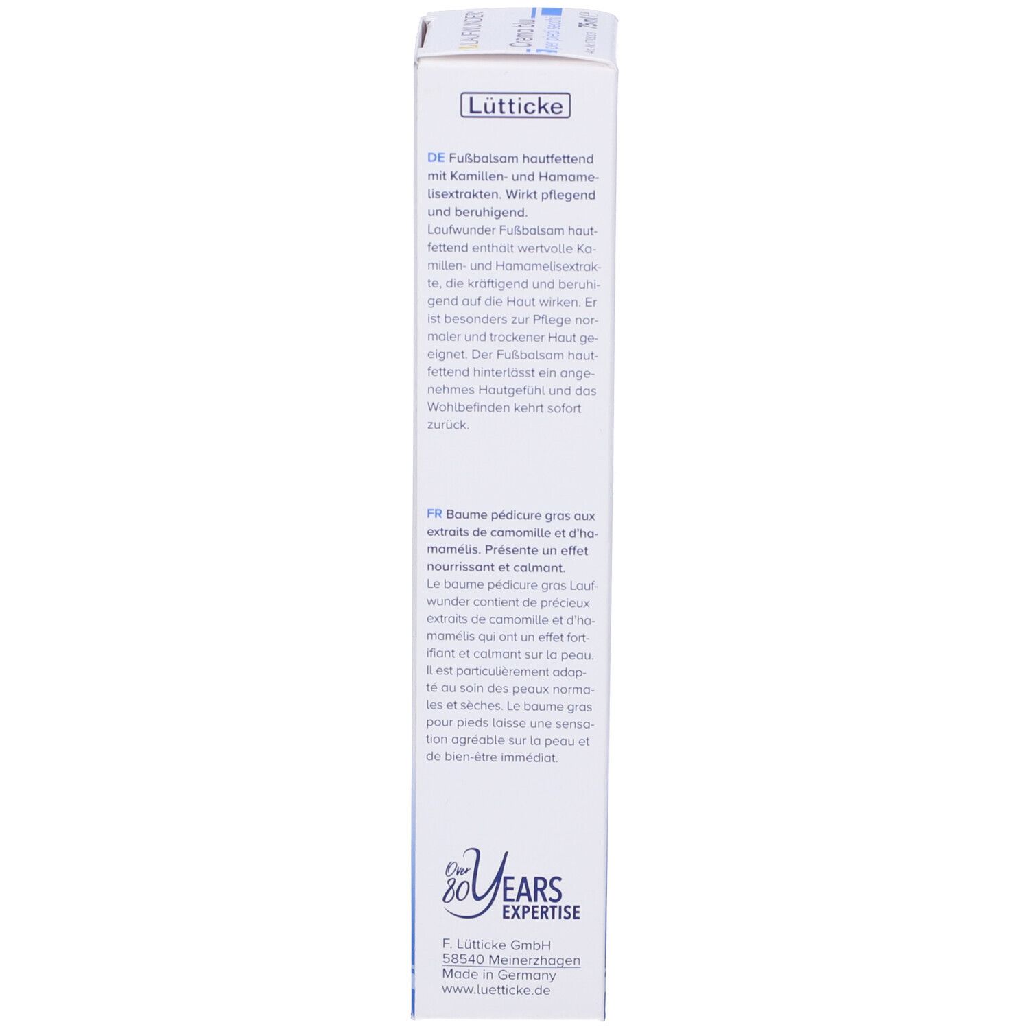 Schachtel, Rückseite. Text in Deutsch und Französisch. Logo: 20 Jahre Expertise. Herstelleradresse.