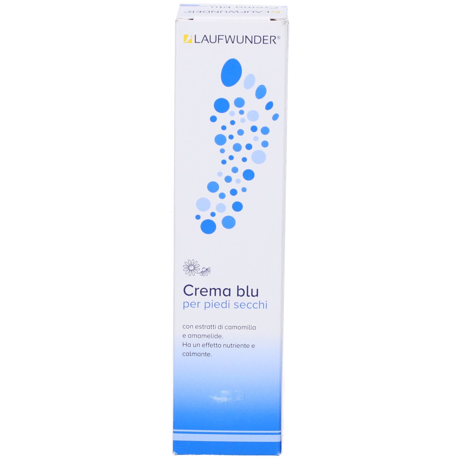 Schachtel, Vorderseite. Aufschrift: Laufwunder, Crema blu per piedi secchi. Blaue Punkte als Design. Herstellerlogo.
