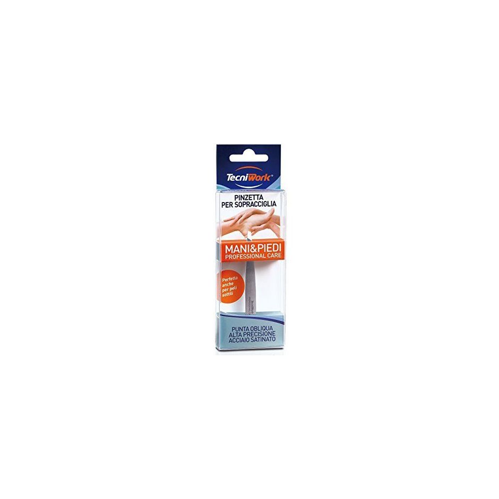 Pinzetta per sopracciglia confezionata. Marchio TecniWork. Testo: Pinzetta per sopracciglia, Mani & Piedi Professional Care. Punta in acciaio satinato.