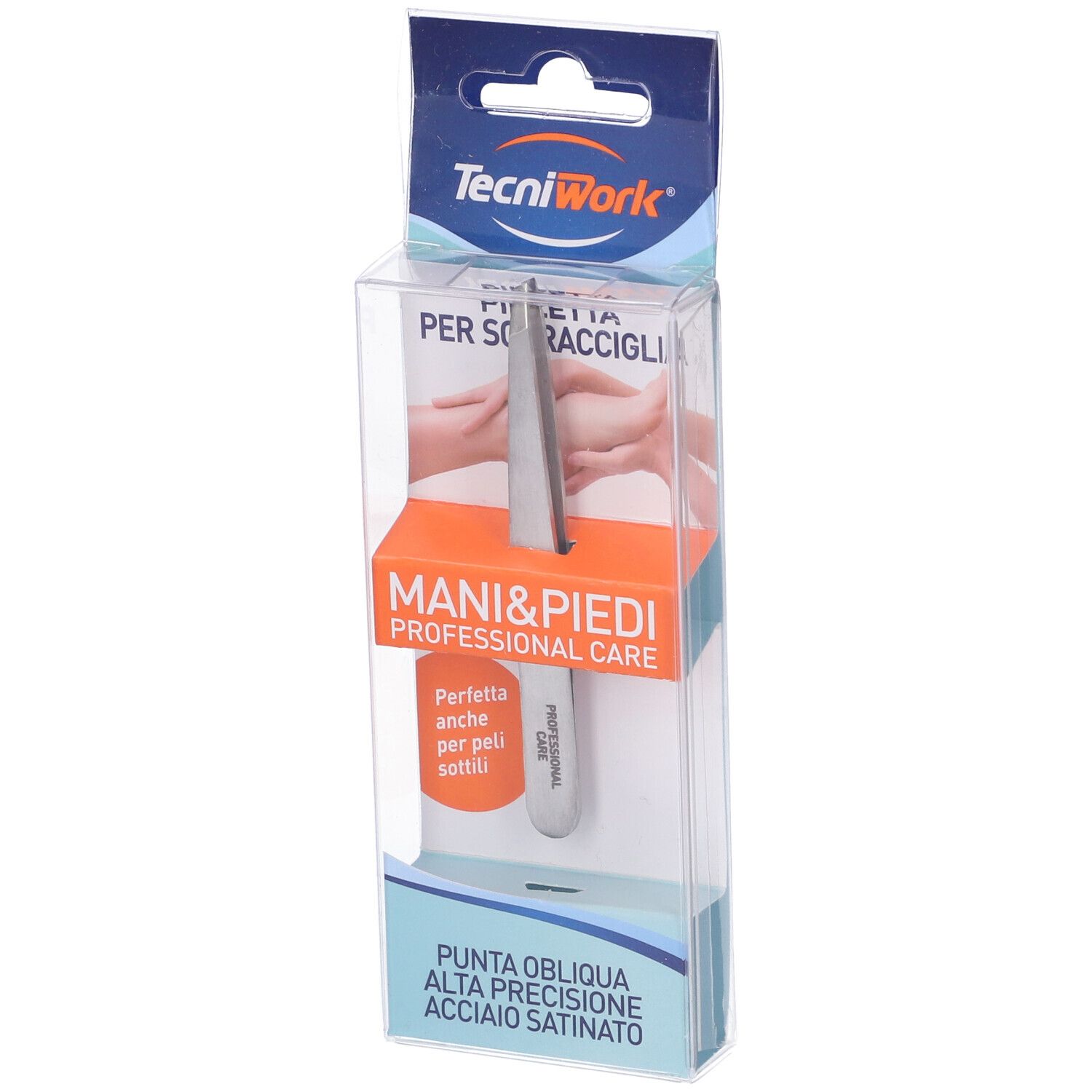 Pinzetta per sopracciglia in confezione trasparente. Marchio TecniWork. Testo: Pinzetta per sopracciglia, Mani & Piedi Professional Care. Punta obliqua.
