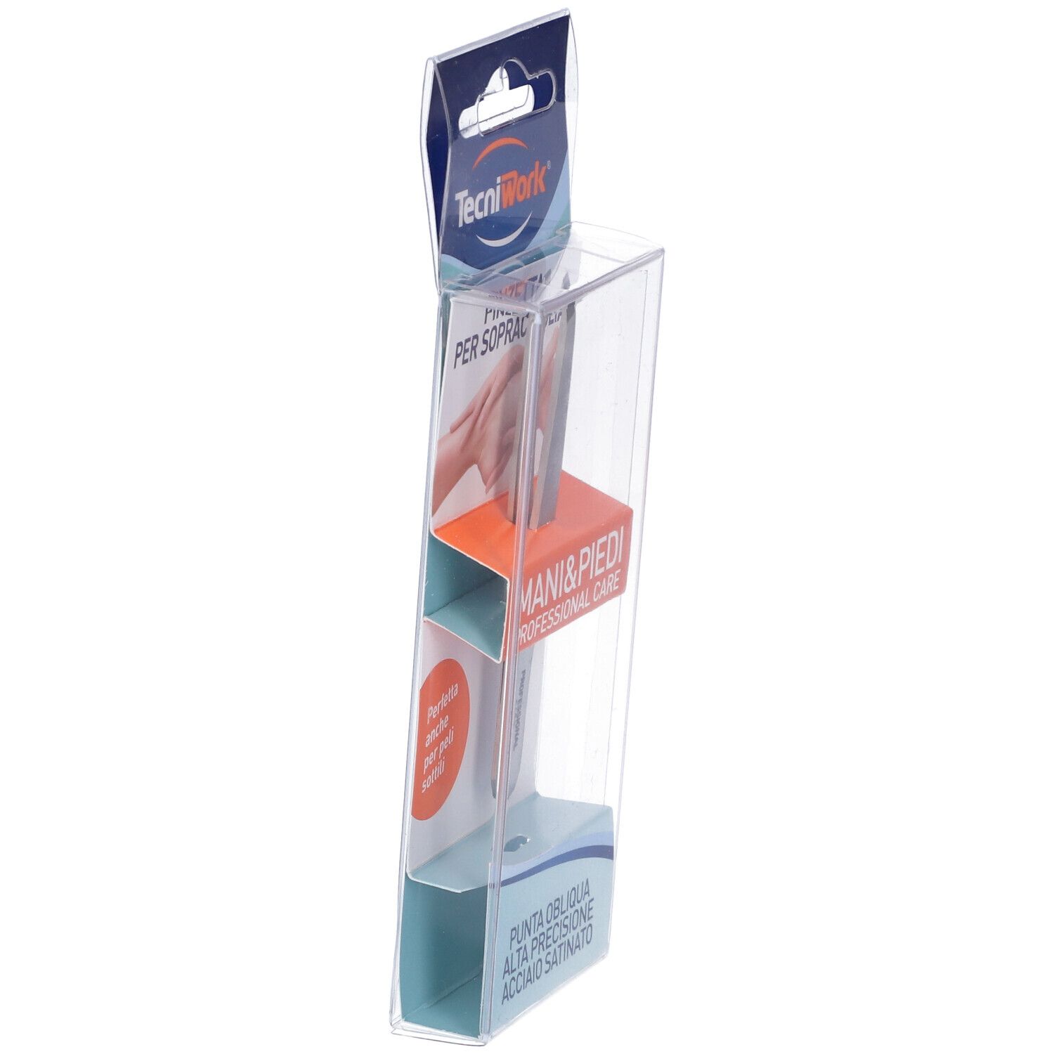 Confezione trasparente con pinzetta per sopracciglia. Marchio TecniWork. Testo: Pinzetta per sopracciglia, Mani & Piedi Professional Care. Punta obliqua.