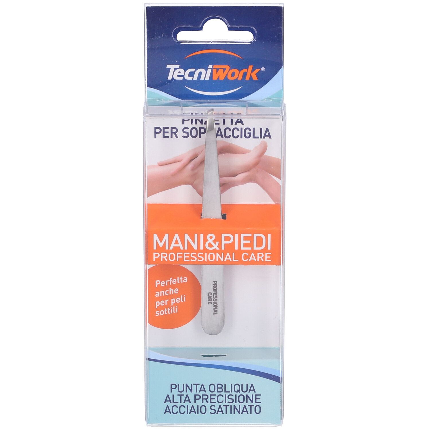 Pinzetta per sopracciglia in confezione trasparente. Marchio TecniWork. Testo: Pinzetta per sopracciglia, Mani & Piedi Professional Care. Punta obliqua.