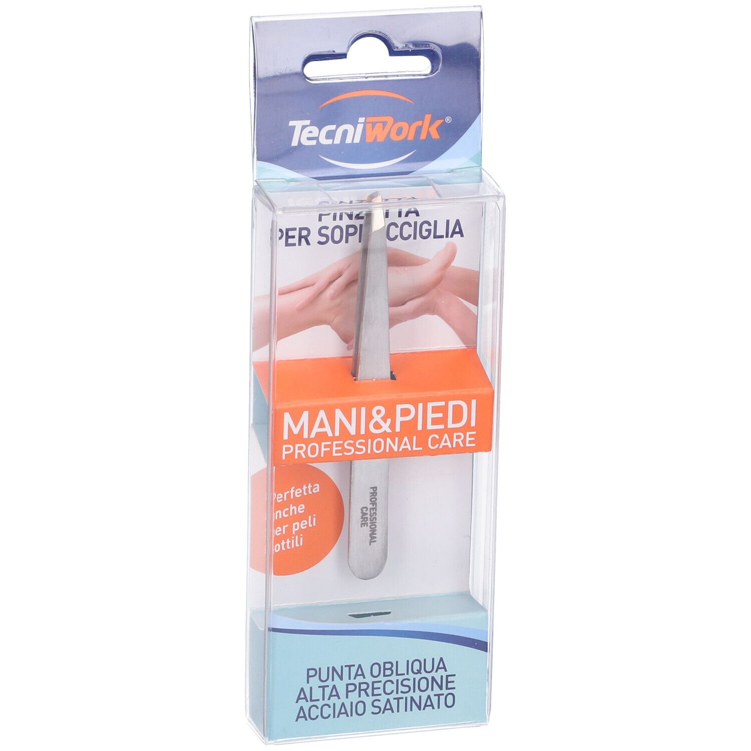 Pinzetta per sopracciglia in confezione trasparente. Marchio TecniWork. Testo: Pinzetta per sopracciglia, Mani & Piedi Professional Care. Punta obliqua.