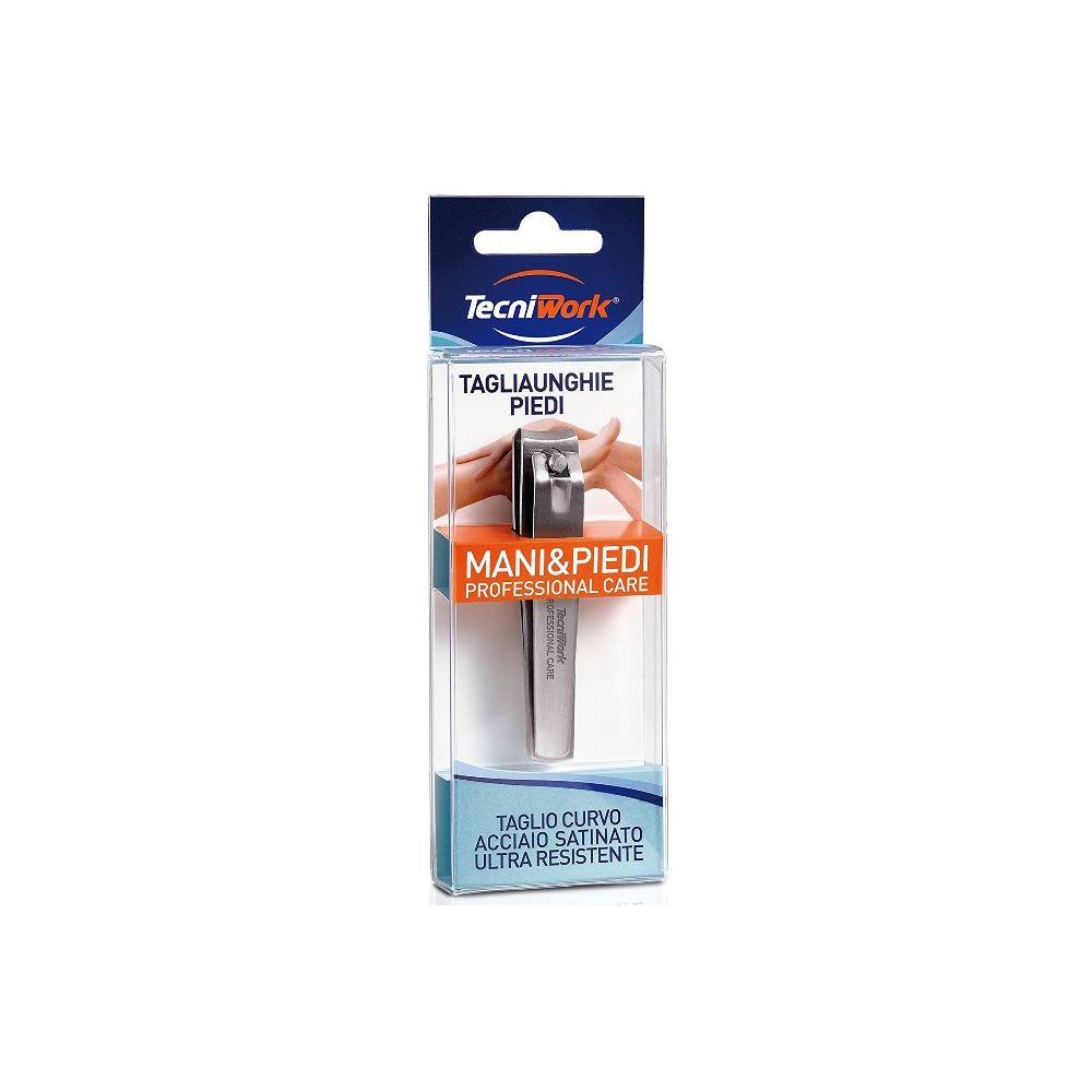 TecniWork Fußnagelknipser in Verpackung. Gebogene Klinge, satiniert, ultra-resistent. Mani & Piedi Professional Care.