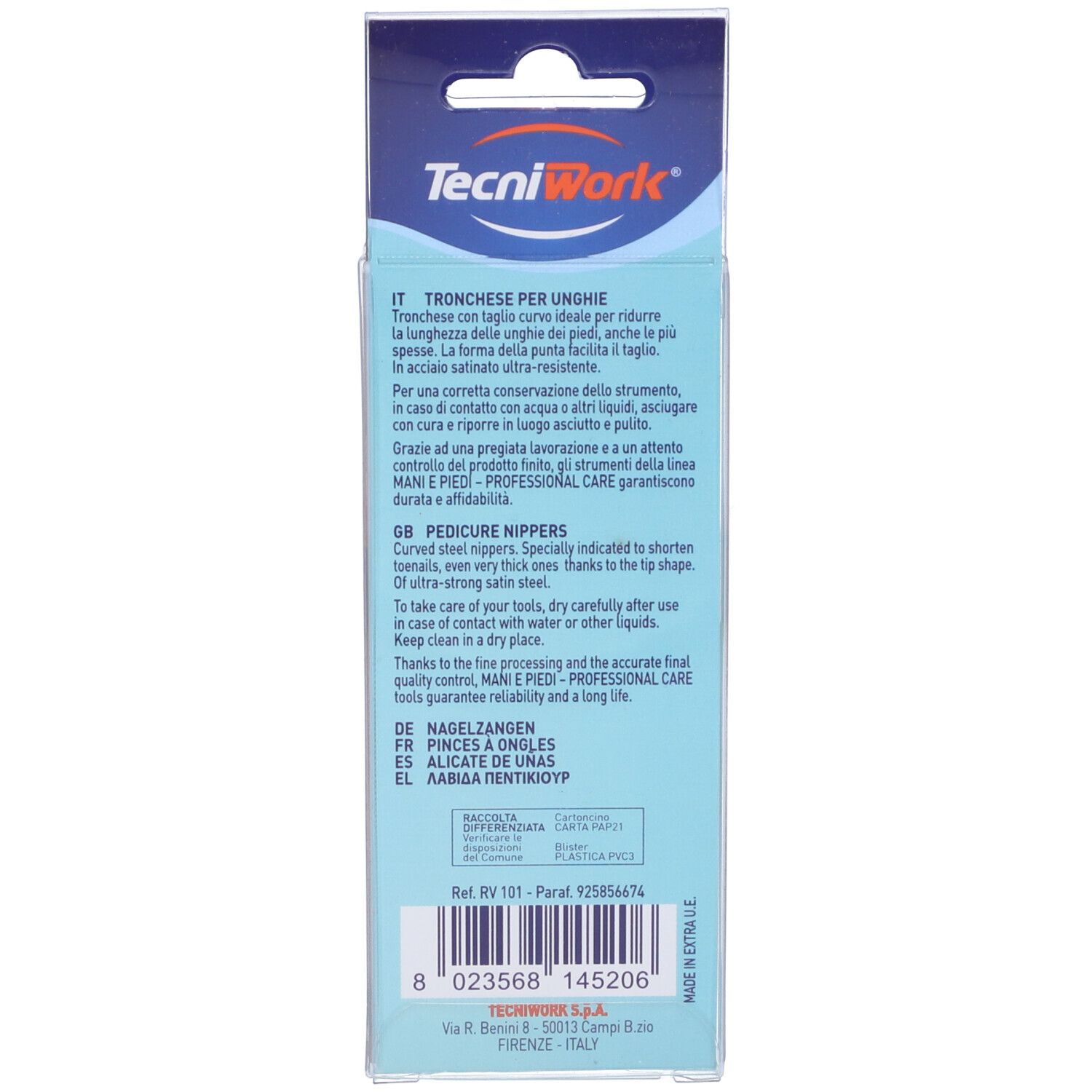 Retro della confezione. Testo multilingue. Marchio TecniWork, nome prodotto, Mani & Piedi.
