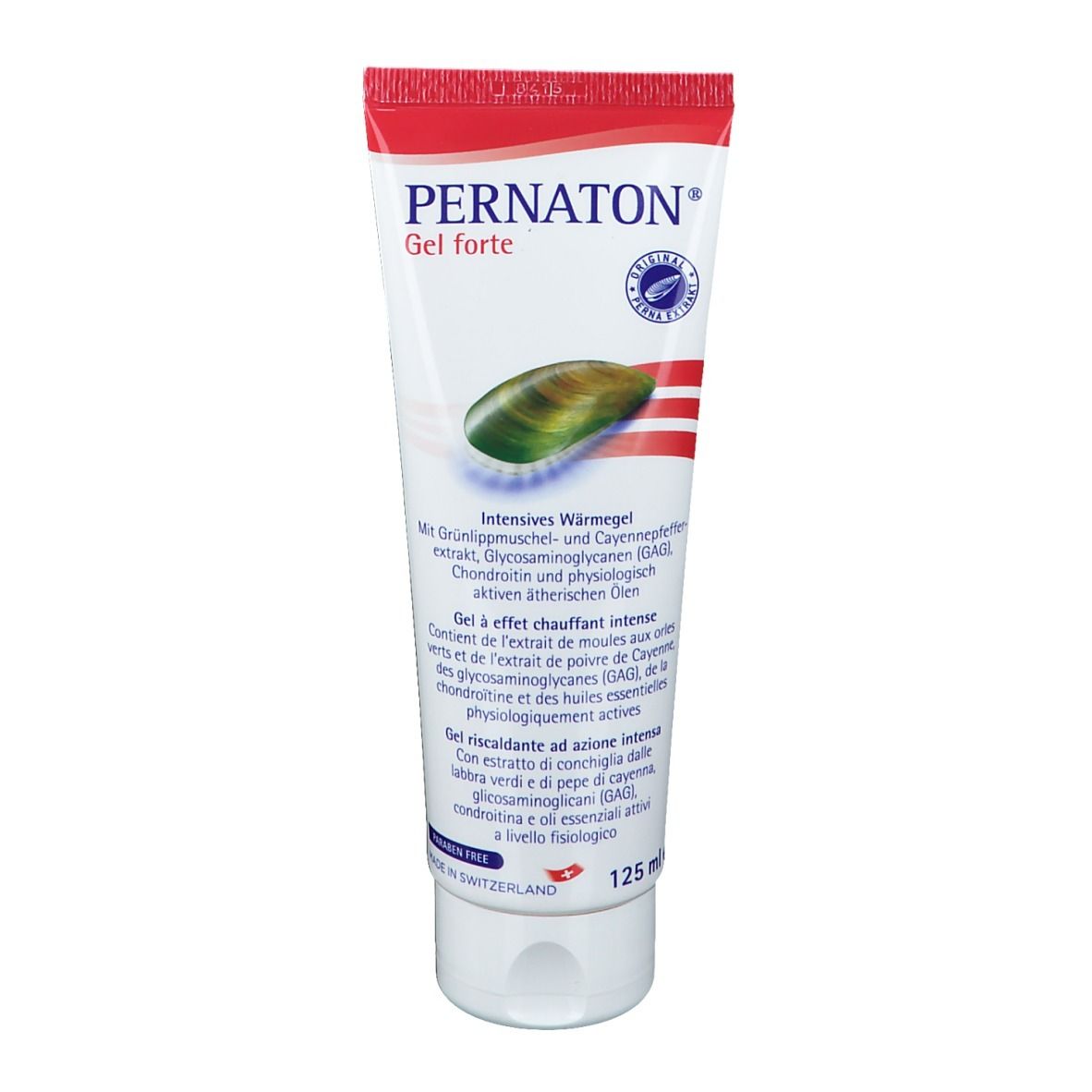 Tube rouge et blanc PERNATON Gel forte. Inscriptions en allemand. Illustration de moule. 125 ml.