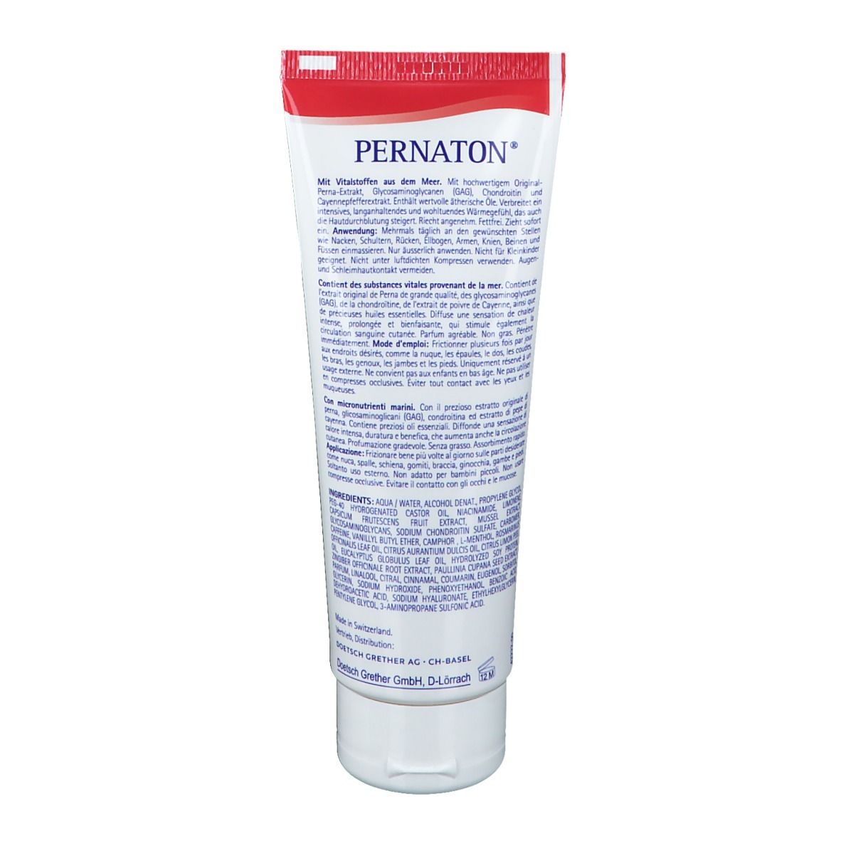 Dos du tube PERNATON. Texte en plusieurs langues. Ingrédients. 125 ml.