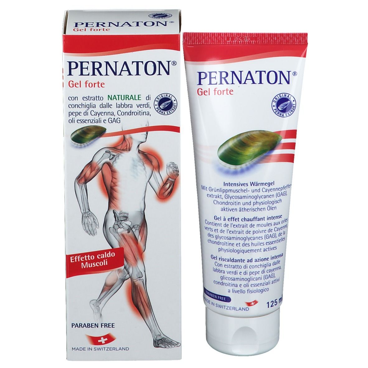 Tube et emballage PERNATON Gel forte. Illustration d'un homme avec muscles mis en évidence. 125 ml.