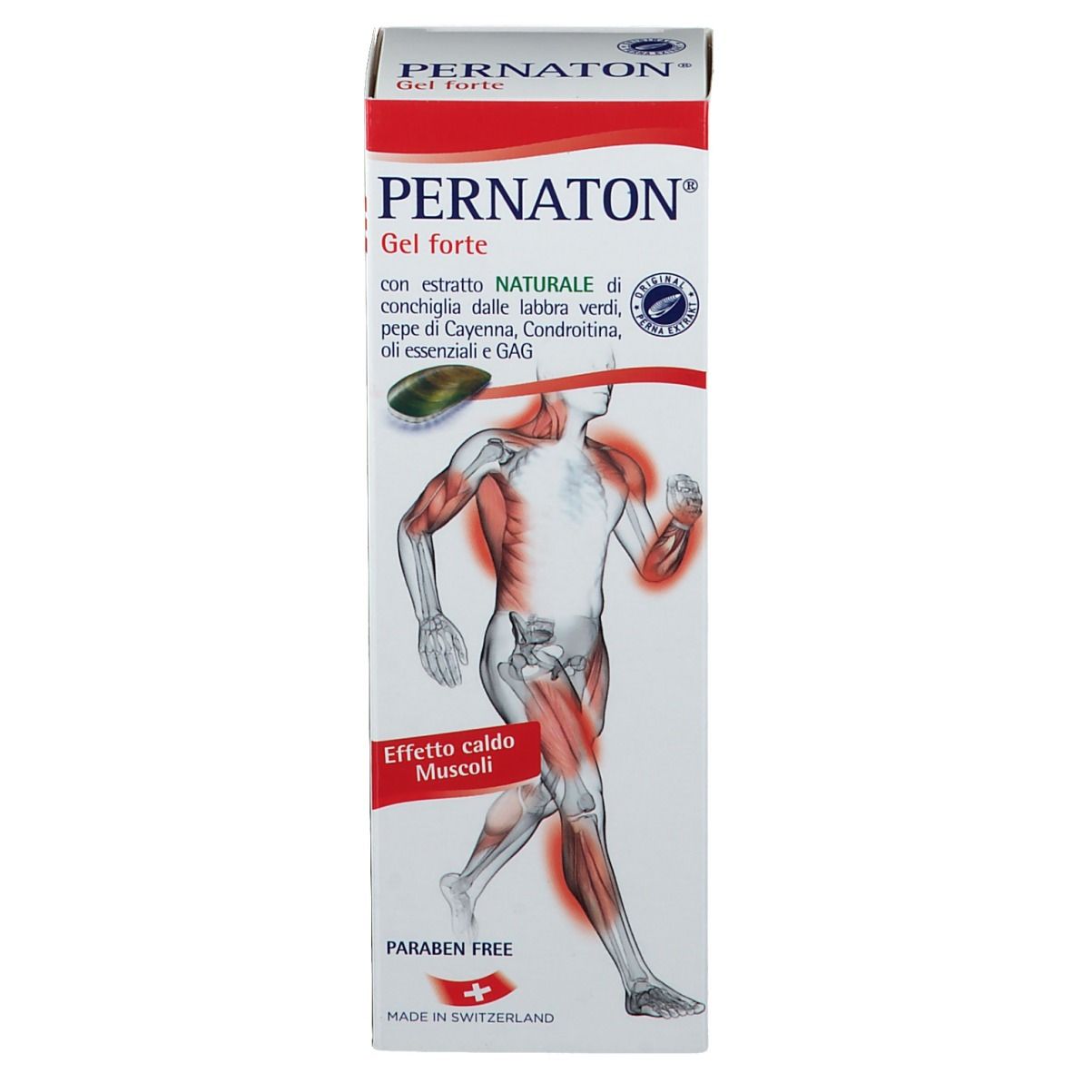 Emballage PERNATON Gel forte. Illustration d'un homme avec muscles mis en évidence. Sans parabène.