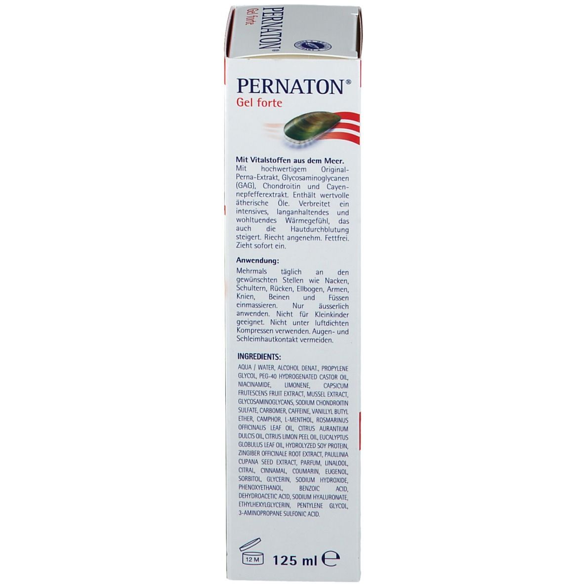 Dos de l'emballage PERNATON Gel forte. Texte en plusieurs langues. Ingrédients. 125 ml.