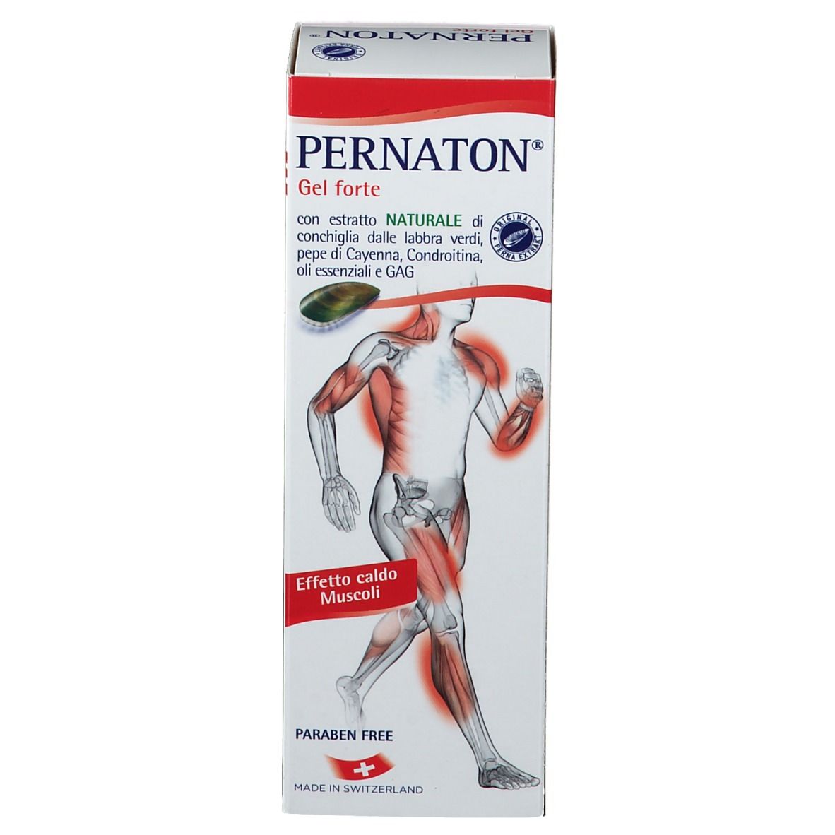 Emballage PERNATON Gel forte. Illustration d'un homme avec muscles mis en évidence. Sans parabène.