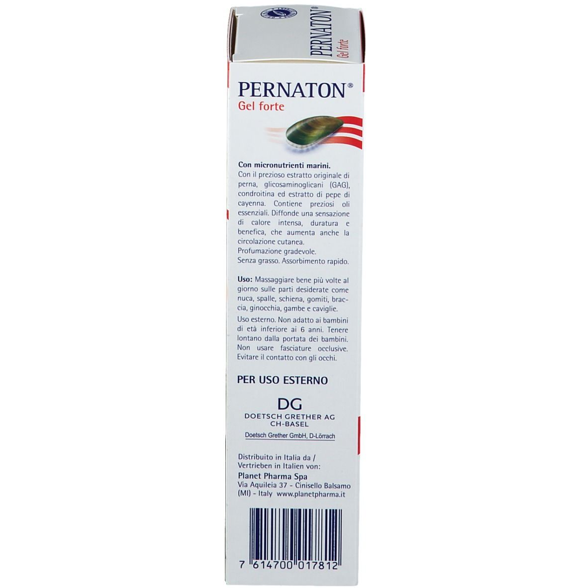 Dos de l'emballage PERNATON Gel forte. Texte en plusieurs langues. Mode d'emploi.