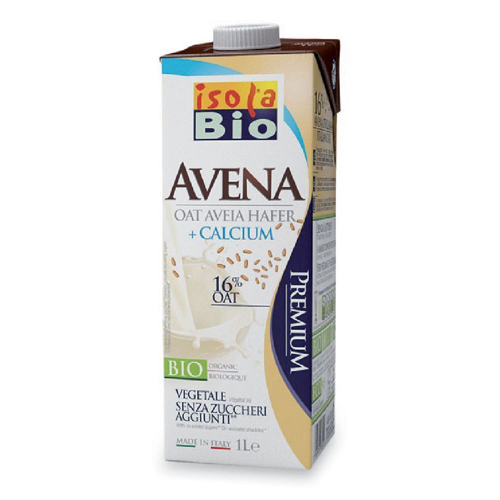 Confezione Isola Bio Avena con 'Avena + Calcium'. Contiene 16% avena. Marchio biologico.