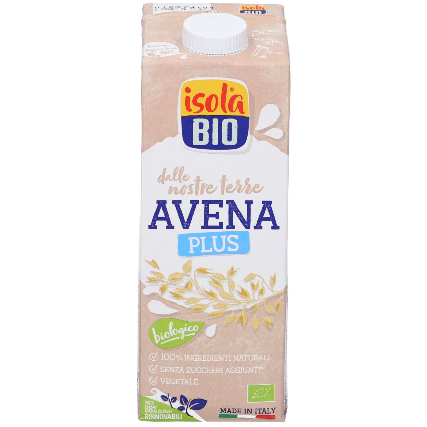 Confezione Isola Bio Avena Plus. 'Biologico' e '100% Ingr. Naturali'. Illustrazione avena.