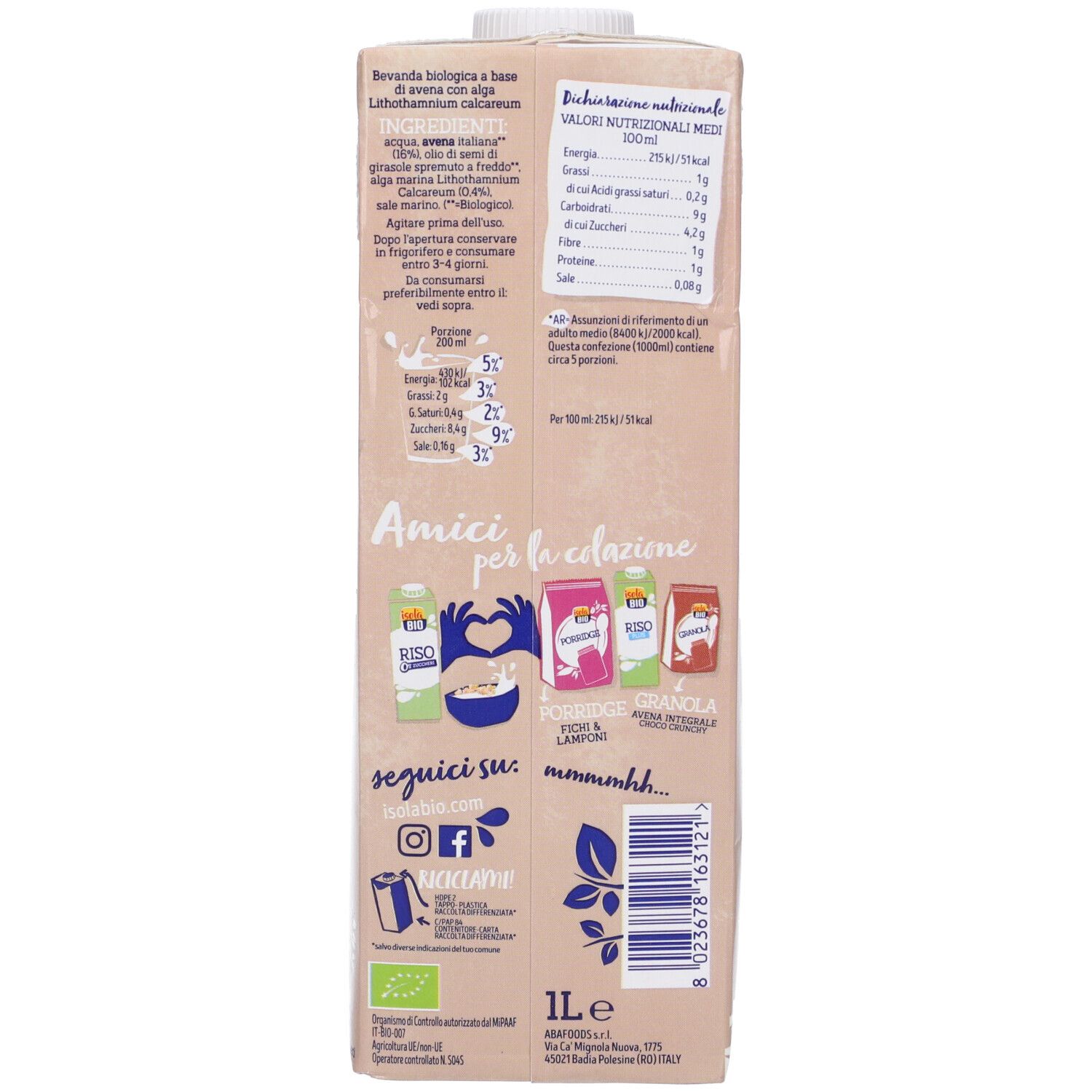 Retro confezione Isola Bio Avena. Informazioni nutrizionali e altri prodotti.