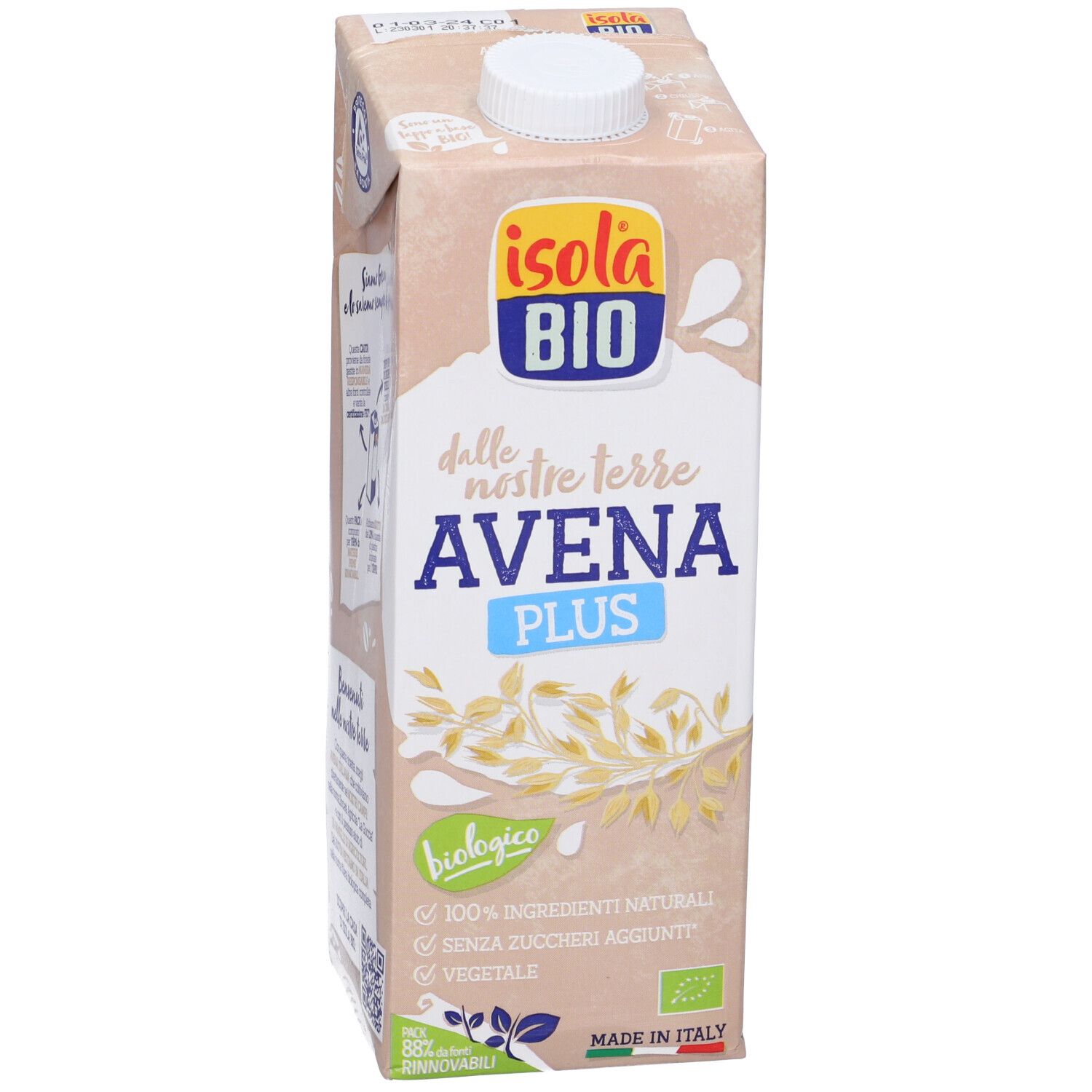 Confezione Isola Bio Avena Plus. 'Biologico' e '100% Ingr. Naturali'. Illustrazione avena.