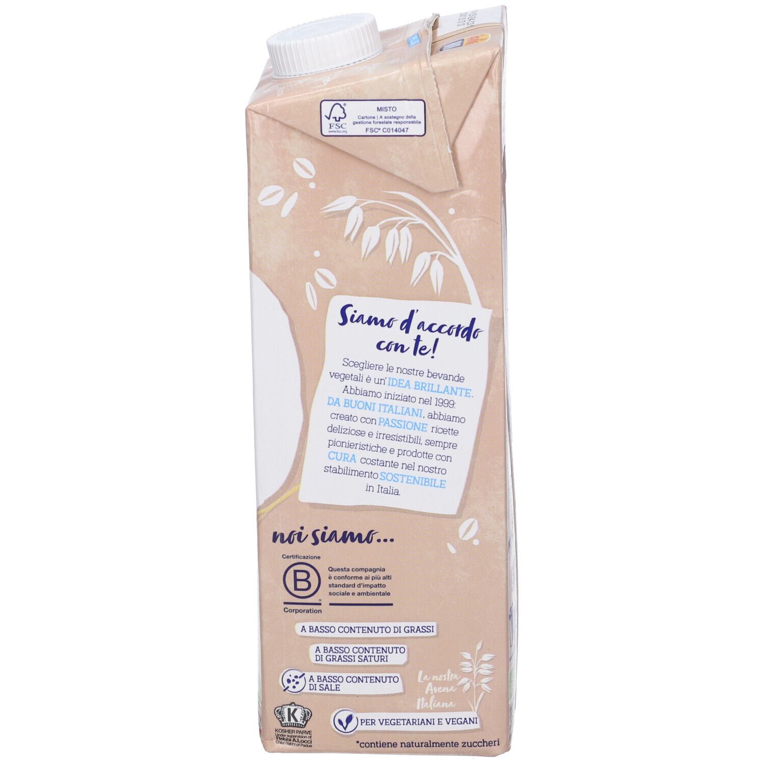 Lato confezione Isola Bio Avena. Informazioni su ingredienti e sostenibilità.