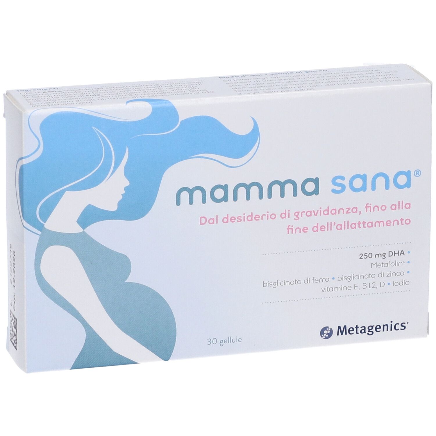 Confezione bianca con nome del prodotto e illustrazione di donna incinta. Contiene 30 capsule e 250 mg di DHA.