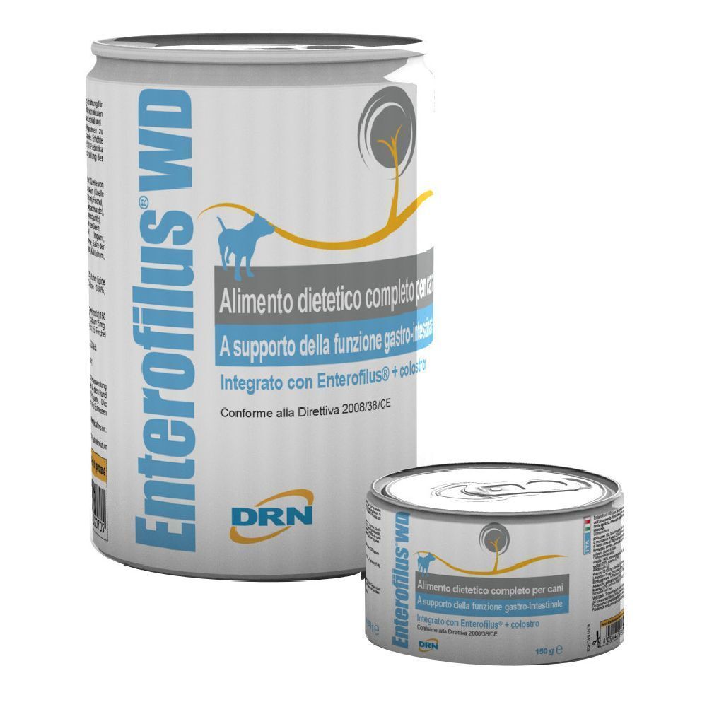 Due lattine di Enterofilus WD. Una grande e una piccola. Scritta: Alimento dietetico completo per cani.
