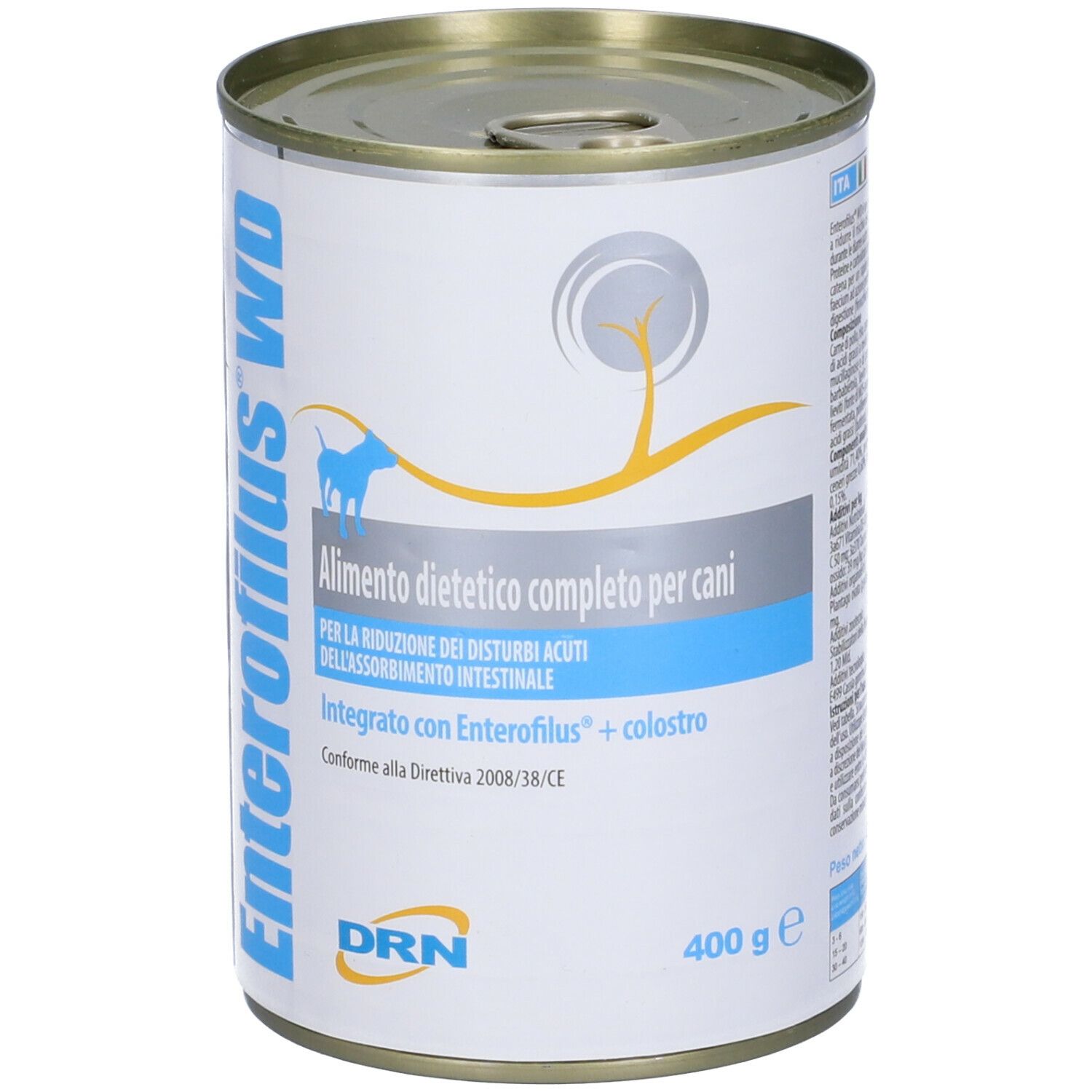 Lattina Enterofilus WD. Scritta: Alimento dietetico completo per cani. 400 g. Con cane blu.