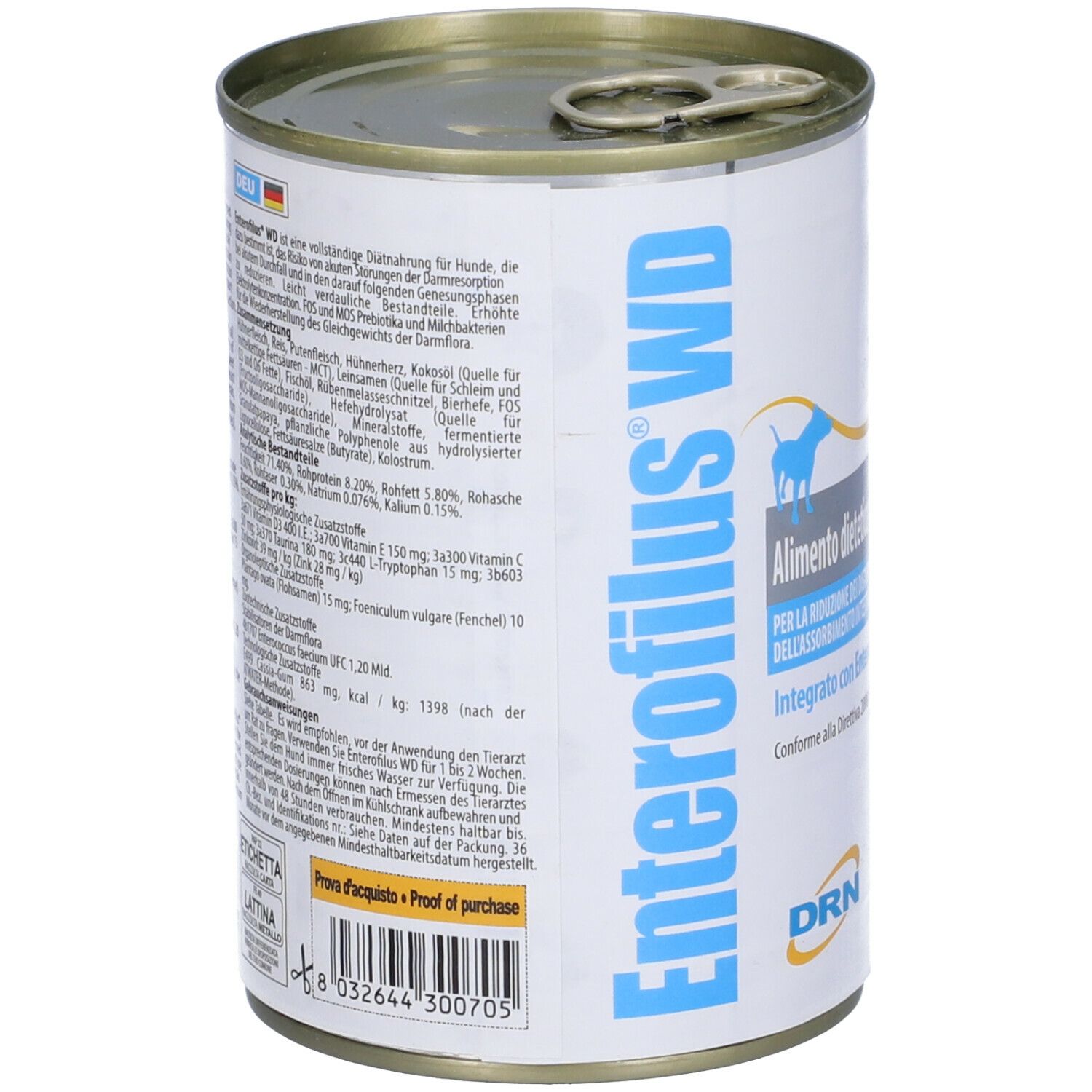 Lattina Enterofilus WD. Retro con testo. Scritta: Alimento dietetico completo per cani. Logo DRN.