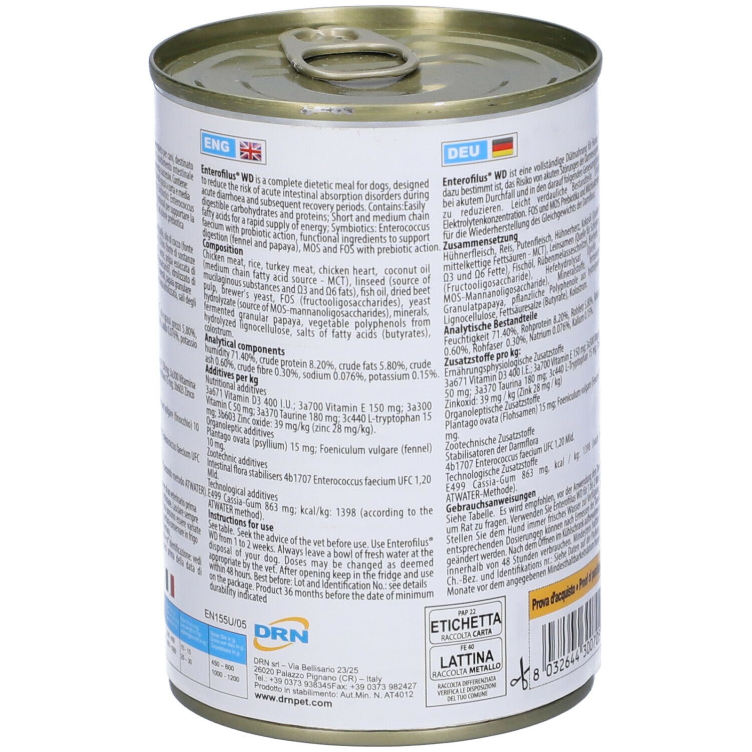 Lattina Enterofilus WD. Retro con testo. Scritta: Alimento dietetico completo per cani. Logo DRN.
