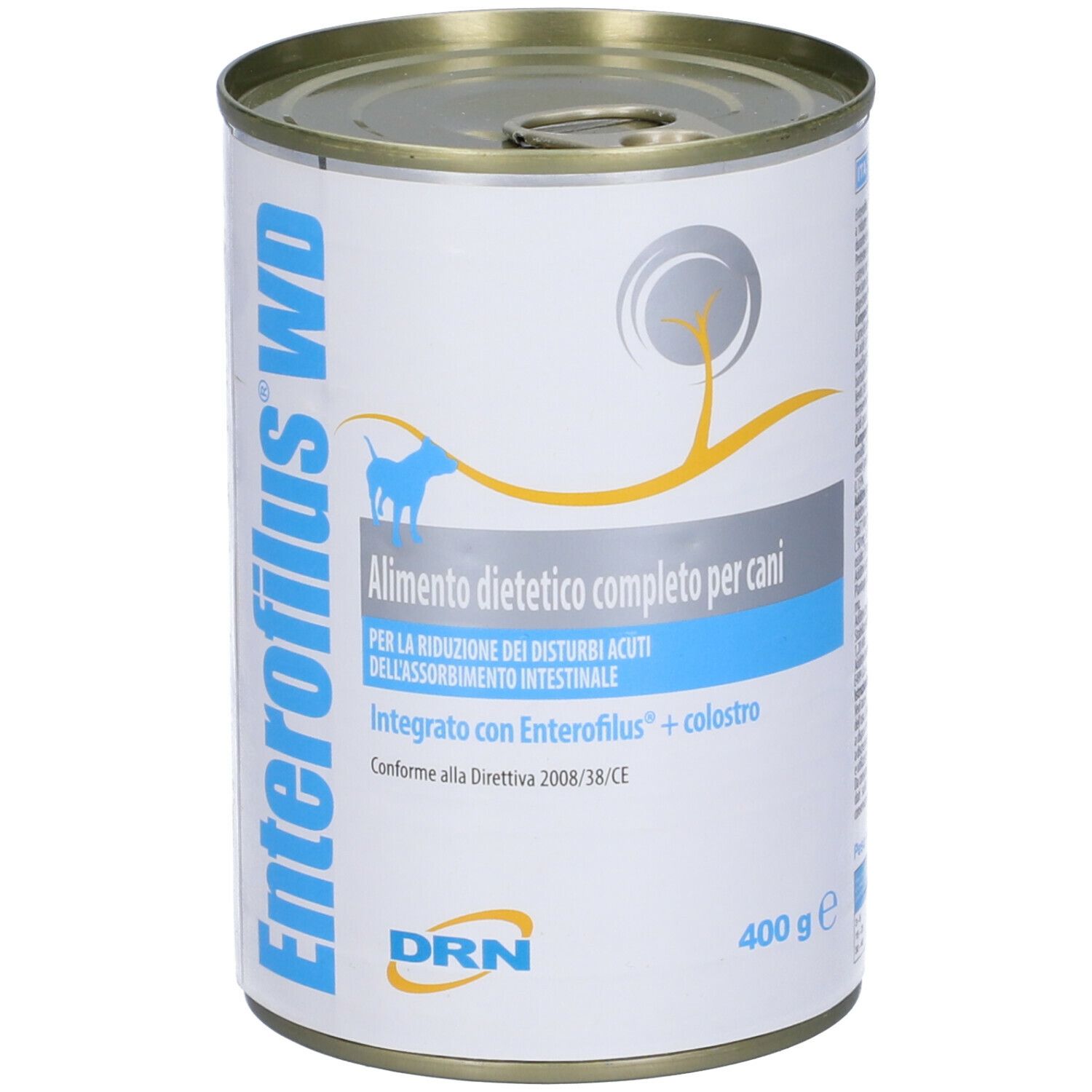 Lattina Enterofilus WD. Scritta: Alimento dietetico completo per cani. 400 g. Con cane blu.