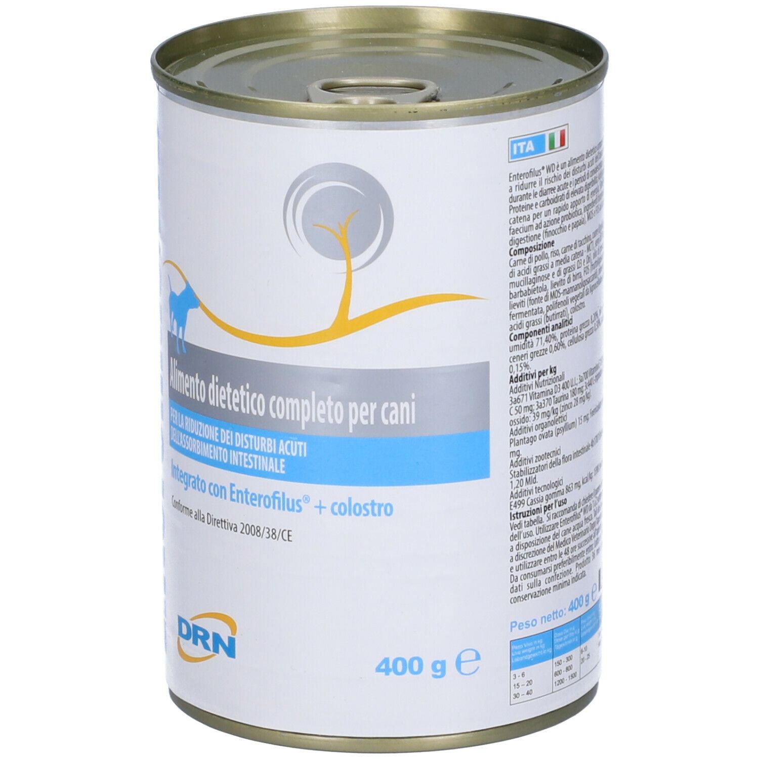 Lattina Enterofilus WD. Scritta: Alimento dietetico completo per cani. 400 g. Con cane blu.