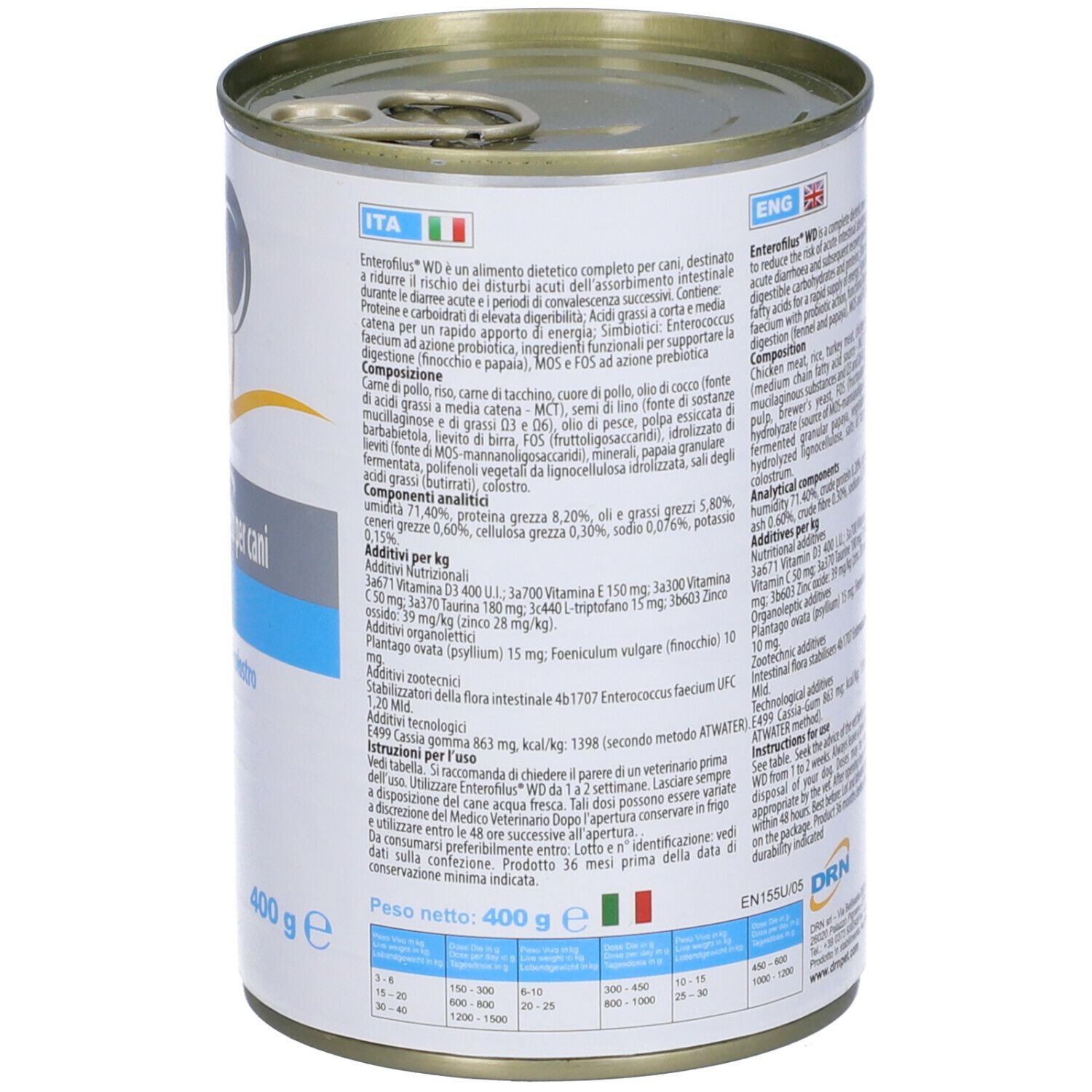 Lattina Enterofilus WD. Retro con testo. Scritta: Alimento dietetico completo per cani. 400 g.