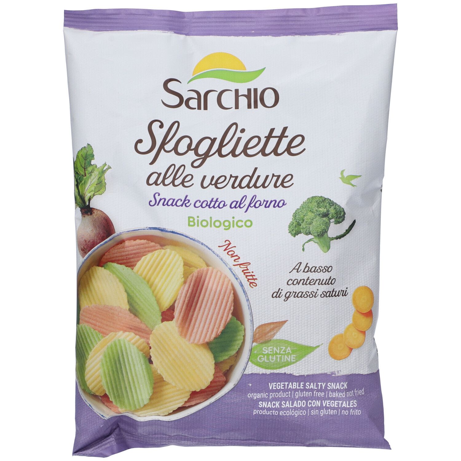 Confezione di Sarchio Sfogliette alle Verdure. Scritta: nome prodotto, illustrazioni di verdure, senza glutine, biologico.
