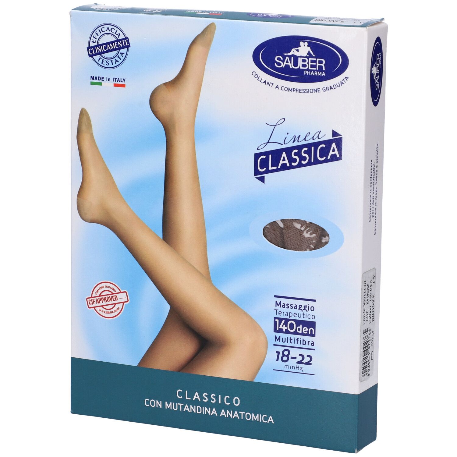Confezione collant Sauber Classica, 140 Den, Multifibra, con mutandina anatomica. Certificato. Scritta: Massaggio terapeutico.