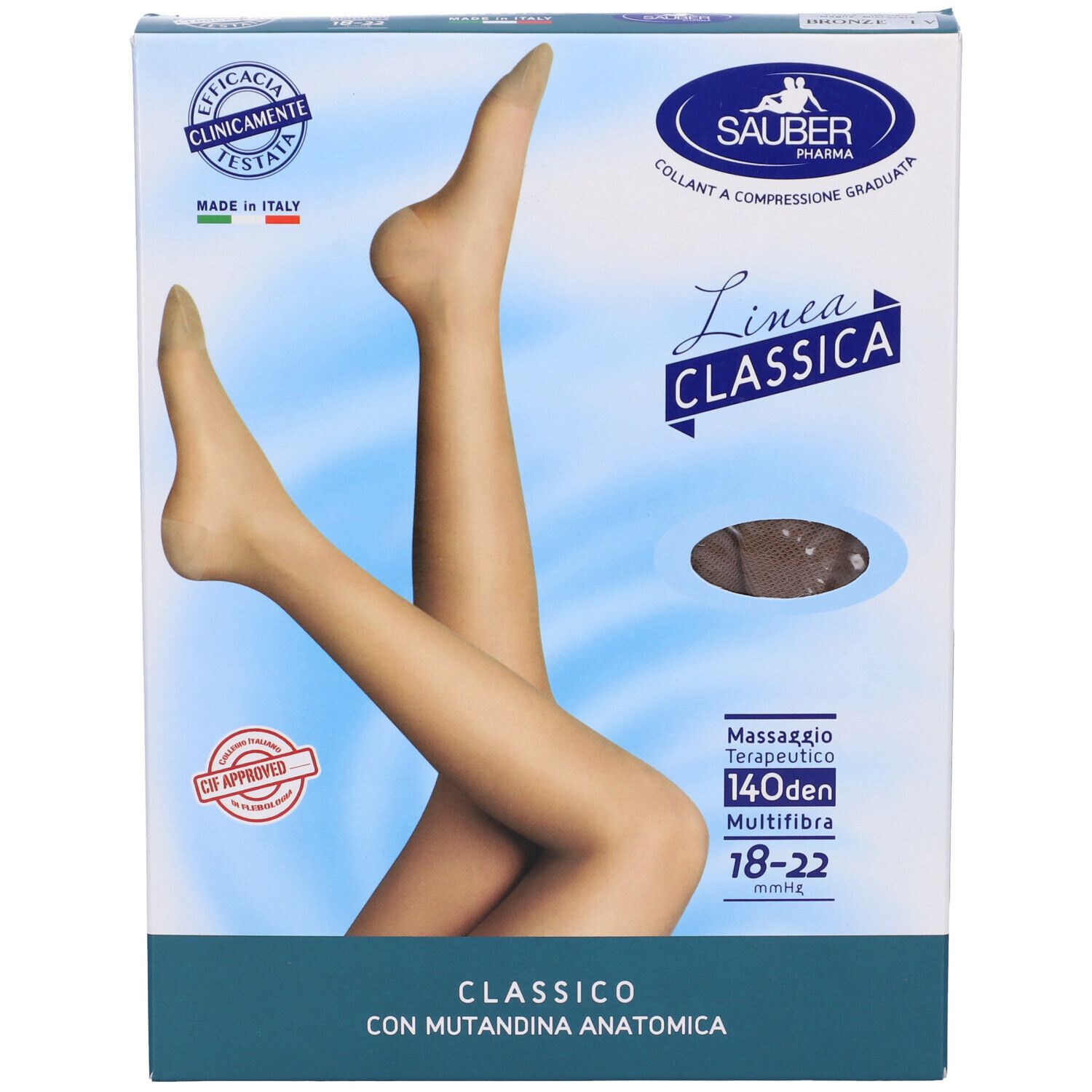 Confezione collant Sauber Classica, 140 Den, Multifibra, con mutandina anatomica. Certificato. Scritta: Massaggio terapeutico.